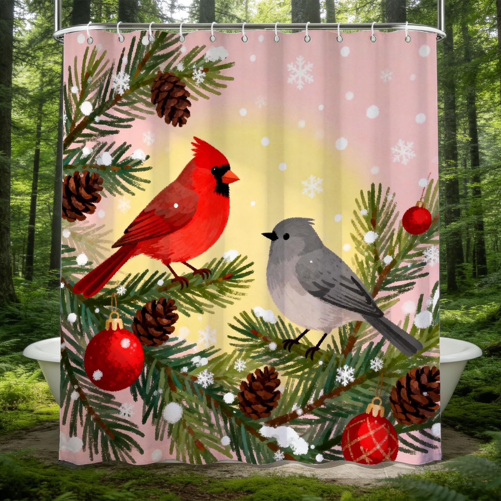 Hongduo 3D Christmas Bird Shower Curtain for Stalls Bathtubs Pine Cone Bathroom Decor Shower Curtain Set Polyester Fabric Waterproof 180x180cm/71X71 Inch with Hooks