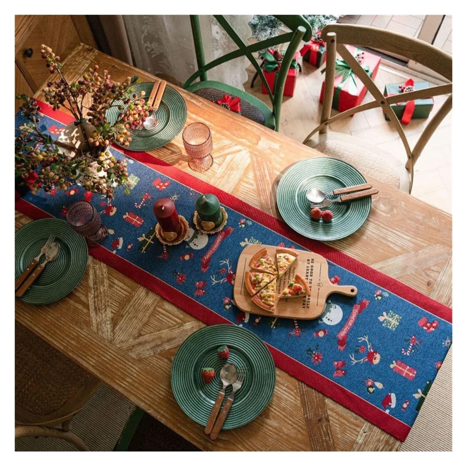 manteles Mantel navideño con Estampado de muñecos de Nieve, Camino de Mesa con Estampado de Alces navideños con borlas, decoración de Mesa navideña for Fiestas en casa(Style C,35x350cm)