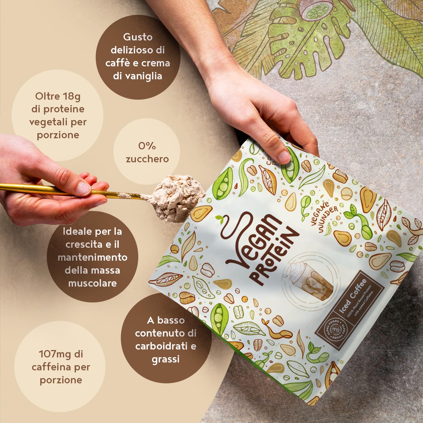 LIMITED EDITION Proteine in Polvere Vegane | Gusto Caffè Freddo | 18g Proteine Vegetali Isolate in Polvere di Pisello, Riso e Girasole | Massa Muscolare | 600g Vegan Protein Powder | Alpha Foods