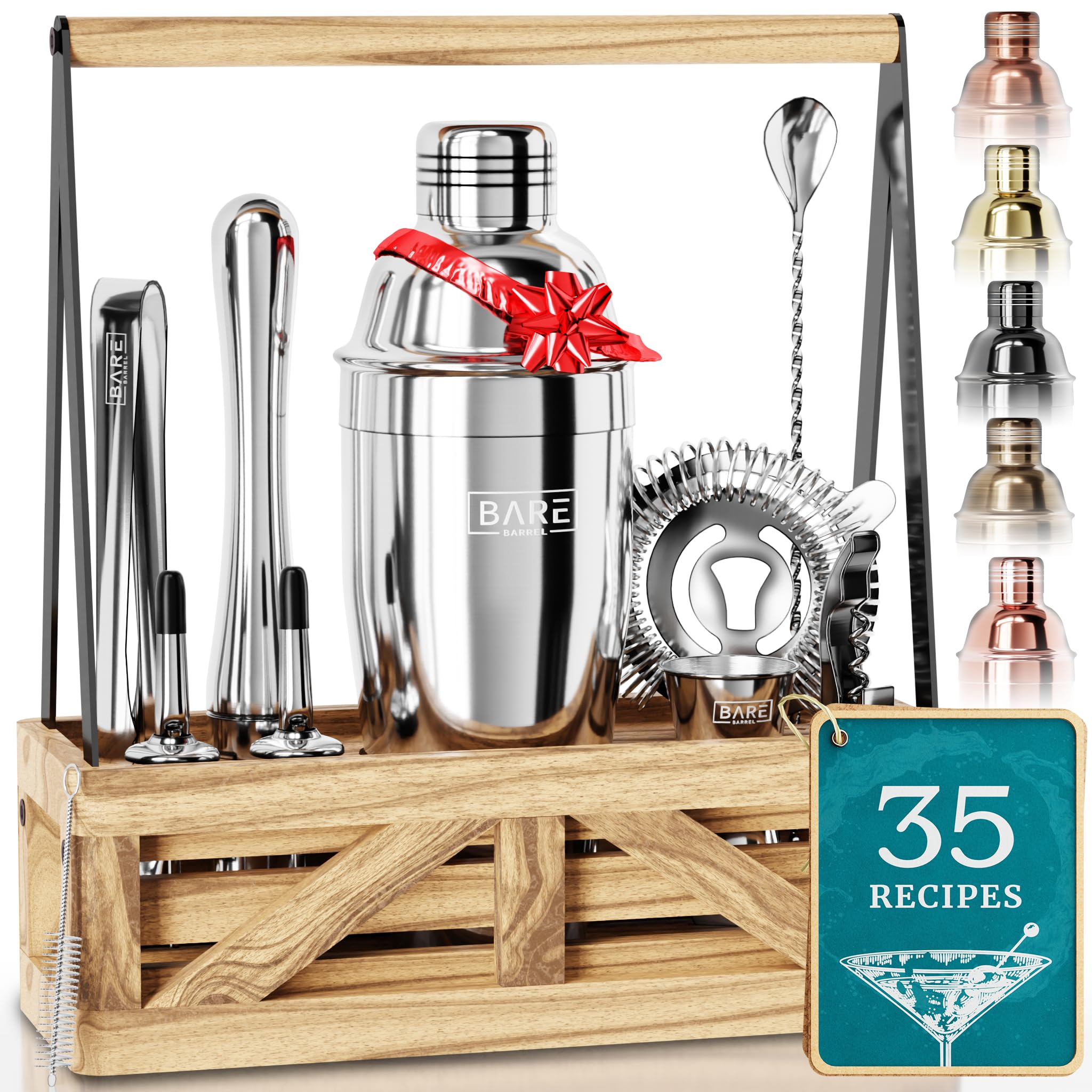 BARE BARREL® Mixology Bartender Kit Bar Set | Martini Cocktail Shaker Set | Barware Mixing Tools for Home Bartending | Farmhouse Rustic Portable Caddy & 35 Recipe Cards | Gift Set (Polished Gray)