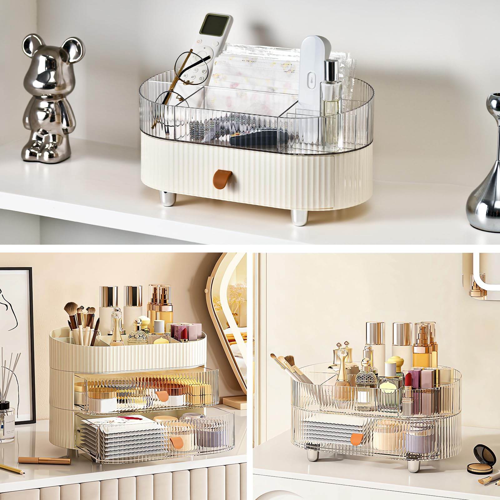 DASITON Organizer Trucchi con Cassetti, Porta Pennelli Make Up Impilabili Make Up Organizer per Cosmetici, Porta Trucchi Organizer da Bagno, Organizzatore Trucchi Rossetto Gioielli (Trasparente-Crema)