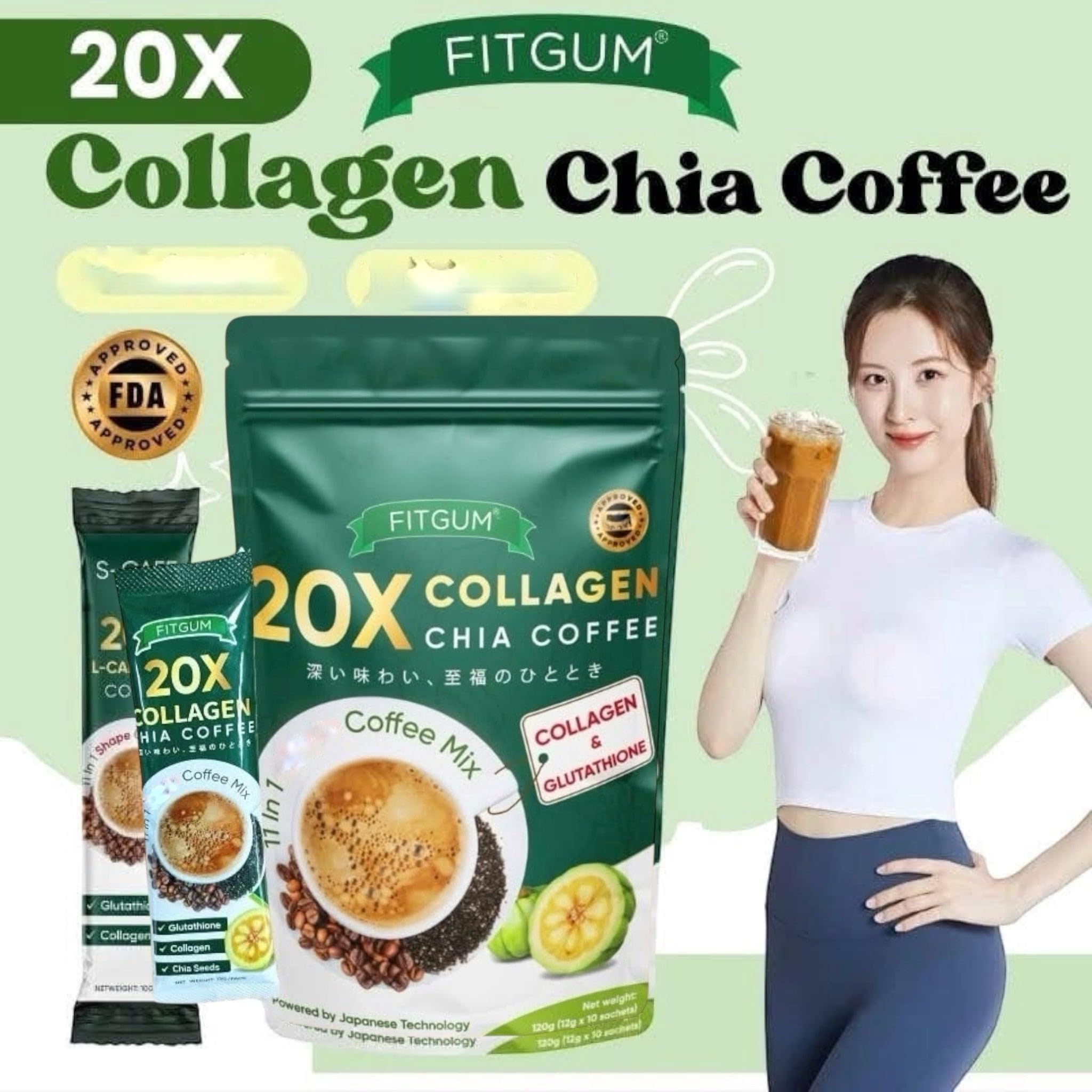 FITGUM 20X Collagen Chia Coffee Mix – 10 Sachets – with Chia Seeds