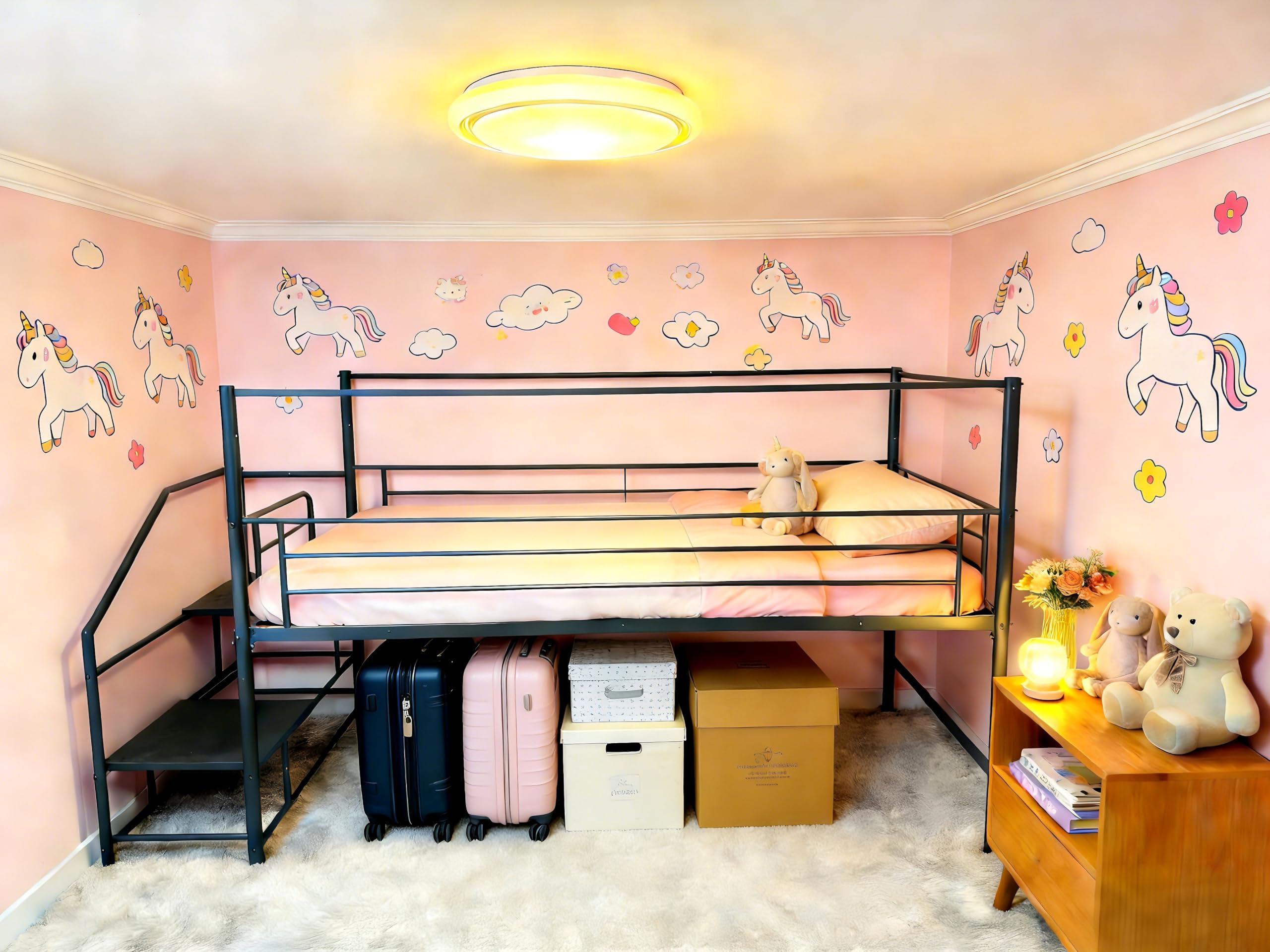 XINBEDEU Single Low Loft Bed with Storage Stairs, Metal Mid Loft Bed Frame with Safety Guardrails, Space-Saving Design for Bedroom, No Box Spring Needed (Black,Twin)