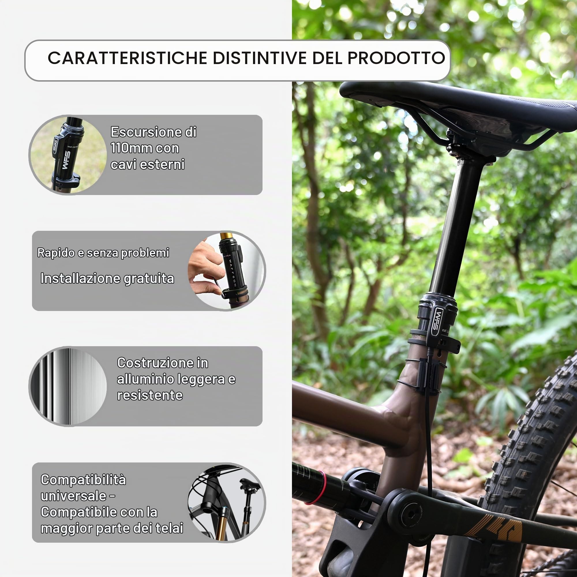 WFS Flex - Reggisella telescopico esterno con comando remoto per MTB – Diametro 27,2 mm, corsa 110 mm, lunghezza 395 mm, nero, include comando remoto e cavo