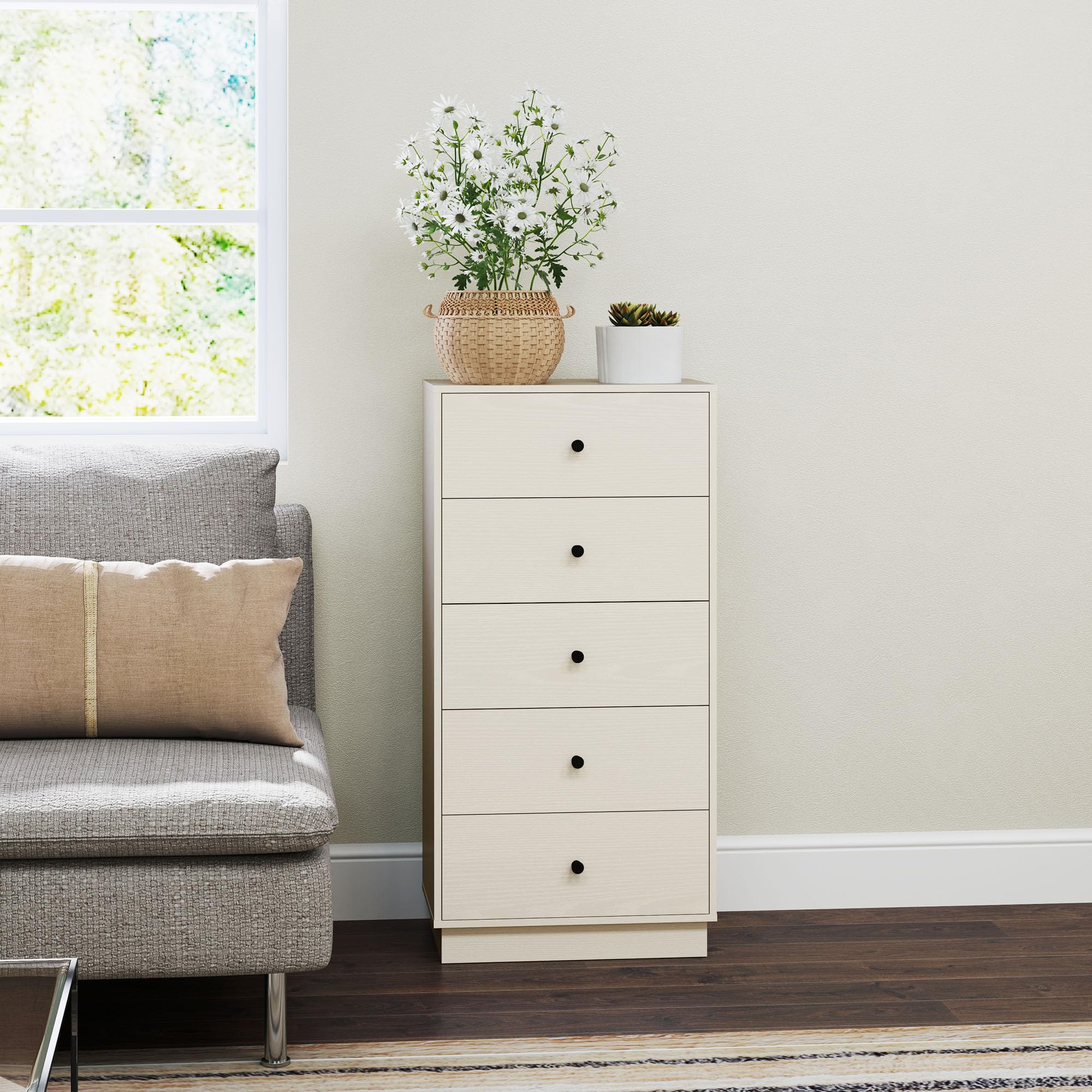HOMCOM Cómoda con 5 Cajones Cómoda de Dormitorio Estrecha Estilo Moderna con Sistema Anti-vuelco Cajonera Alta para Pasillo Salón 47x29x95 cm Beige Veteado