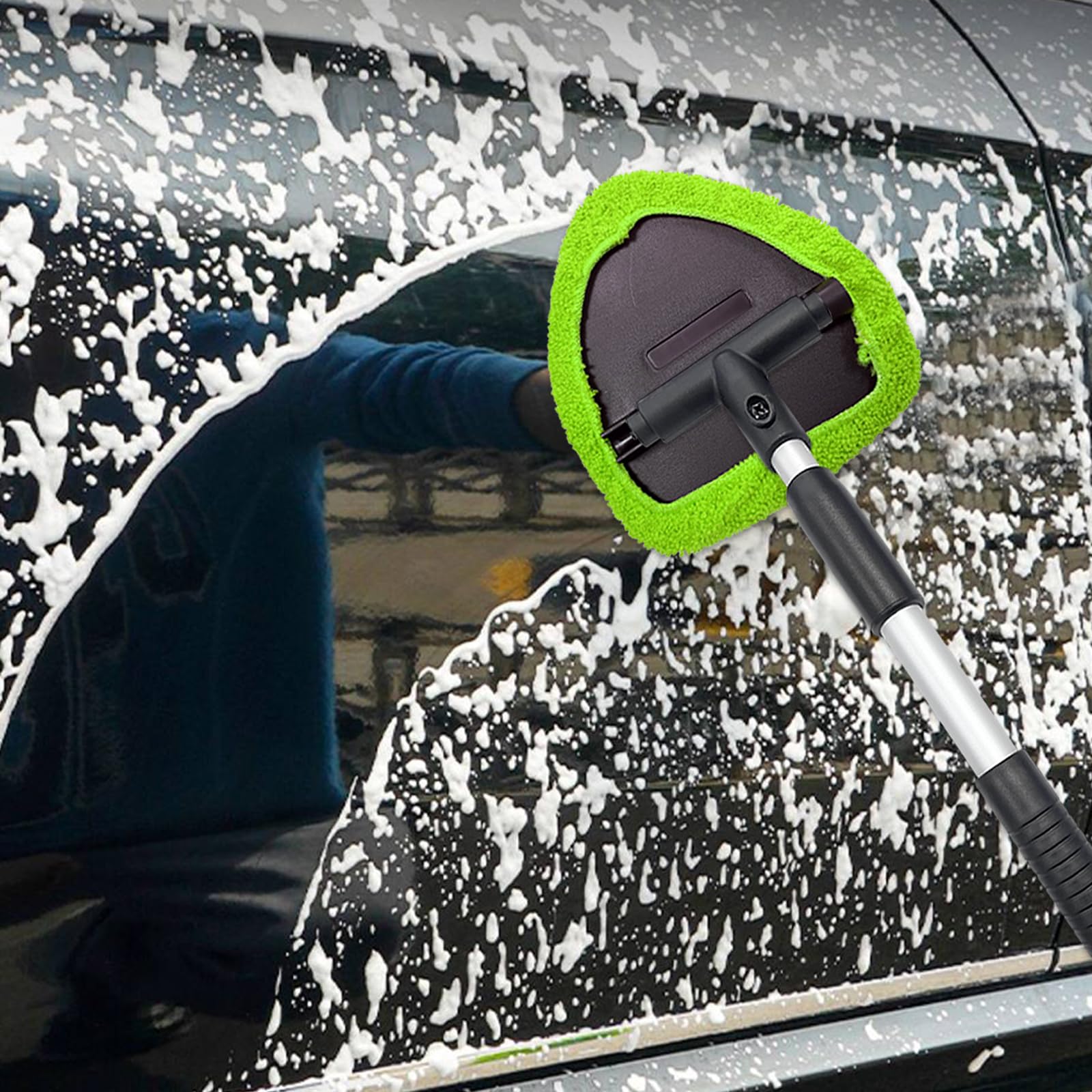 Ziciner Limpiador de parabrisas de automóvil, limpiaparabrisas de microfibra con mango extensible de aluminio y 2 cabezales de almohadilla de tela reutilizables lavables, kit de limpiador universal