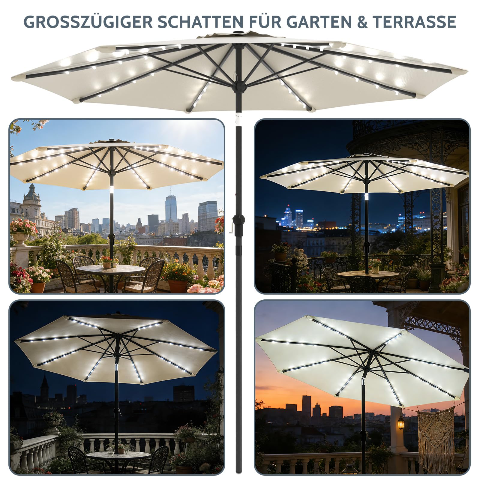 Huracan Sonnenschirm mit LED solar Ø300cm, Gartenschirm ohne Ständer, Balkonschirm Strandschirm UV-Schutz Polyester Wasserabweisend und Schmutzabweisend, Groß Marktschirm für Balkon Terrasse, Creme