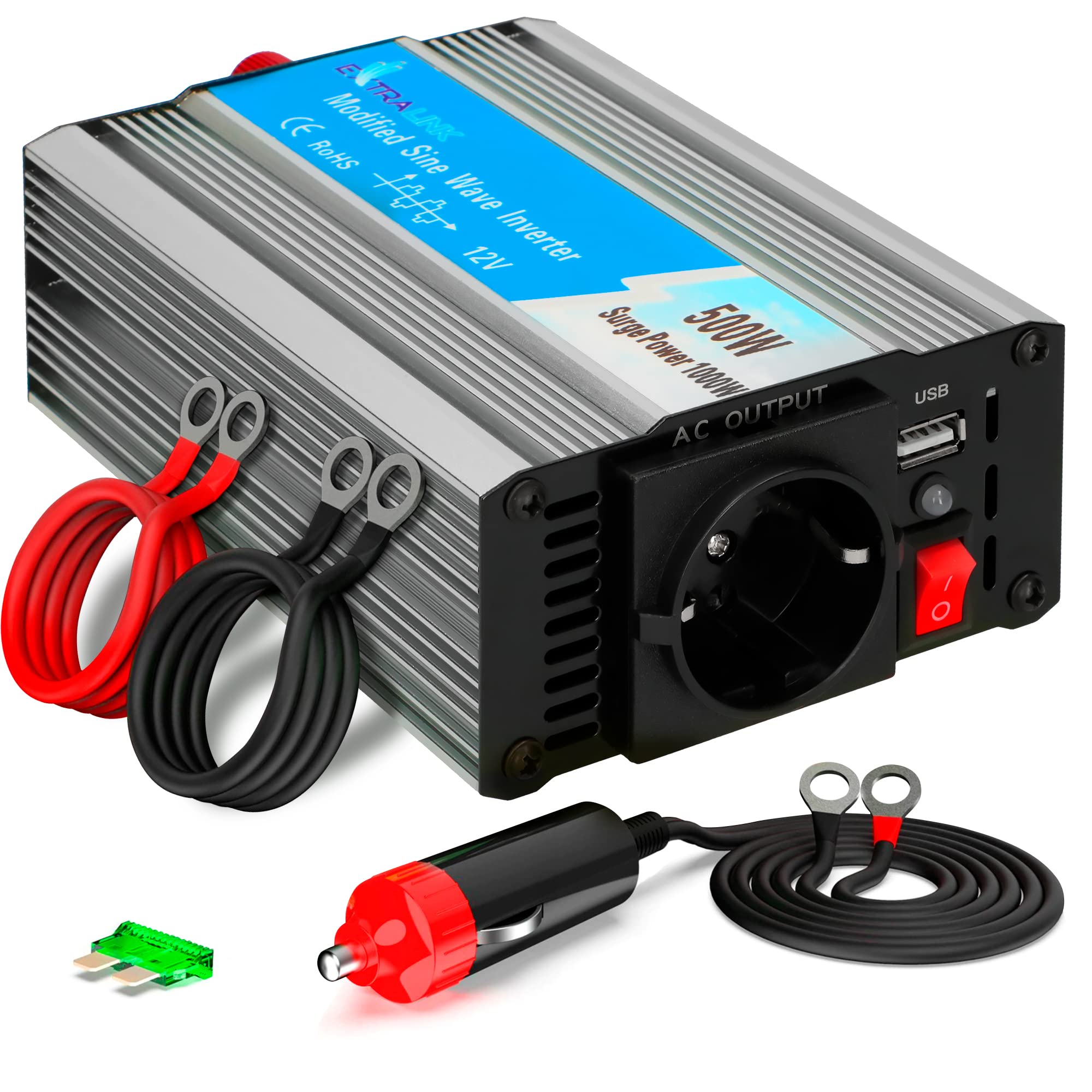 EXTRALINK Inversor 12V 220V Onda Modificada 500W 1000W Pico – Convertidor 12V 200V con USB, Enchufe de mechero, Ventilador y Protección Cuádruple – para Coche, Autocaravana, Barco, Camping, Solar