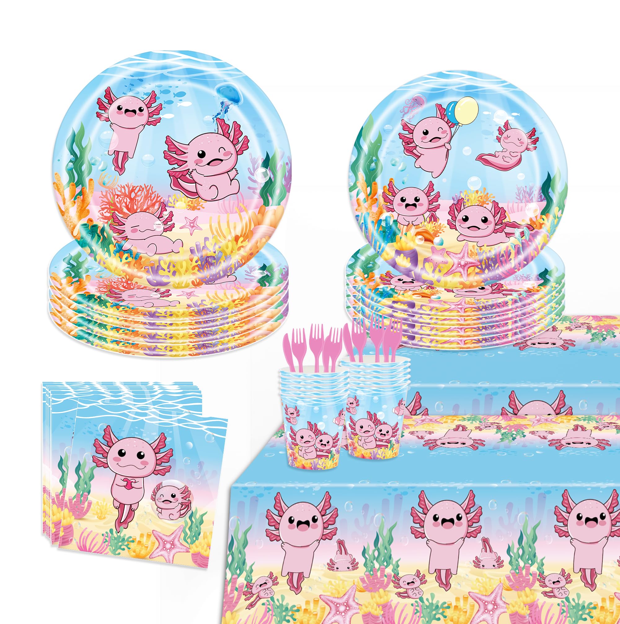 142Pcs Axolotl Birthday Party Supplies The Axolotl Party Tableware Includes Party Plates - Napkins - Tablecloths - Cups and Cutlery To Provide Axolotl