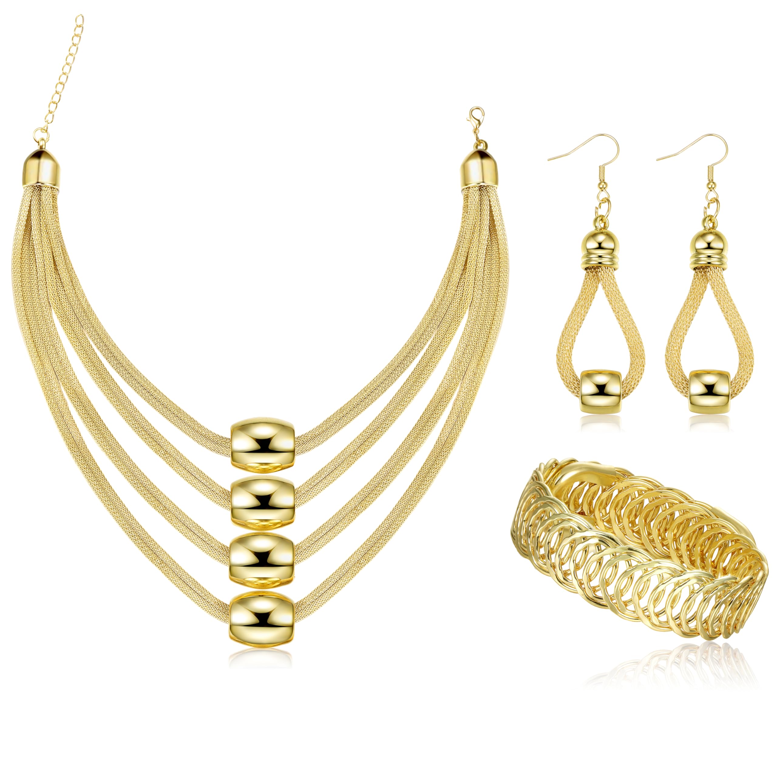 Kakonia3Pcs Bib Choker Necklace for Women Gold Silver Large Dangele Earring Cuff Bracelet Chunky Multi Layered Necklace Stretch Bead Statement Necklace Jewellery Set for Women