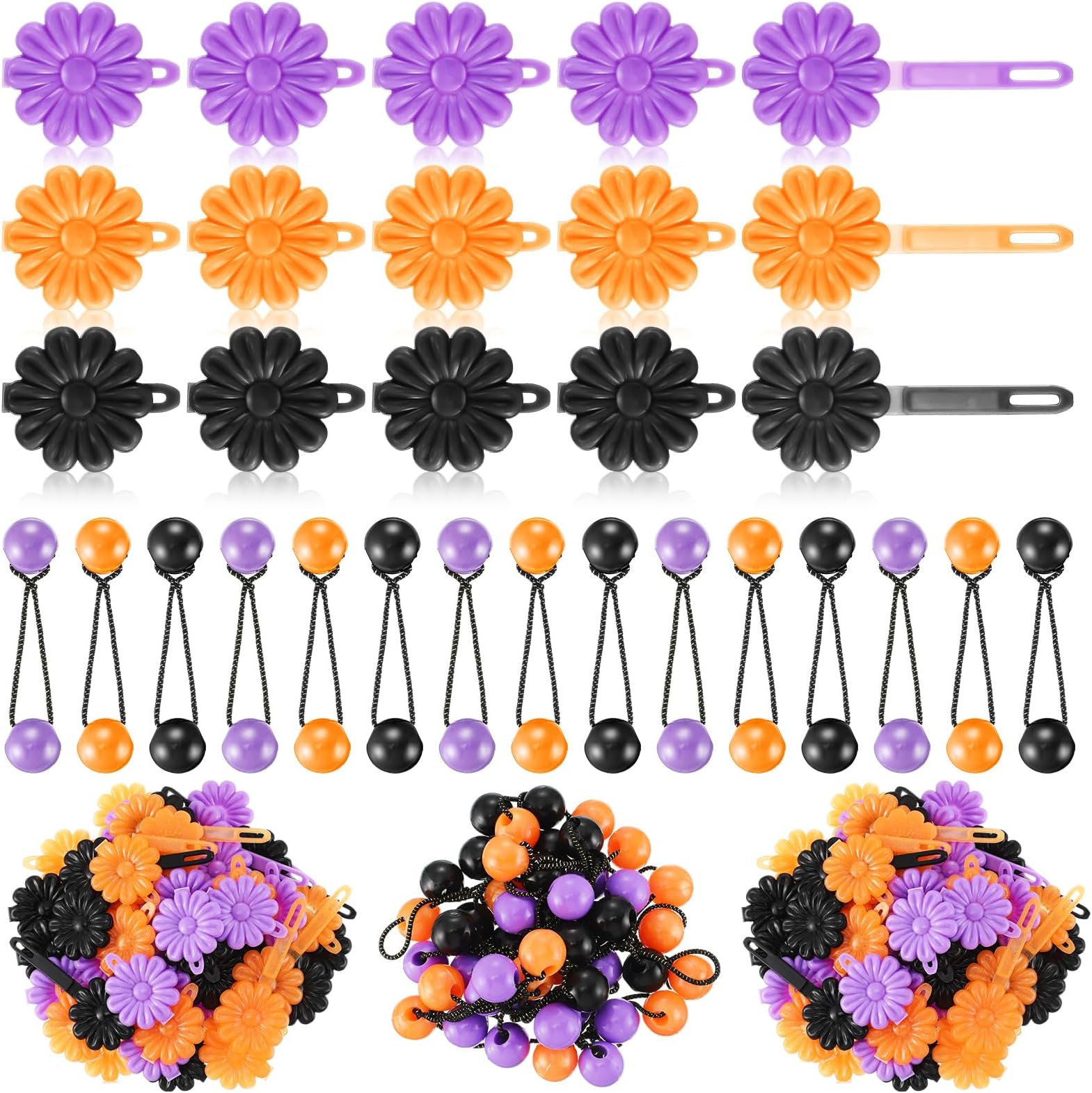 Jutom 72 Pcs Hair Clips and Ball Ties Set for Girls, Self Hinge Hair Barrettes, Bubble Hair Accessories, 80s 90s Bow Flower Hair Tie, Plastic Hair Clips for Baby Girls Toddlers (Orange, Black, Clear)