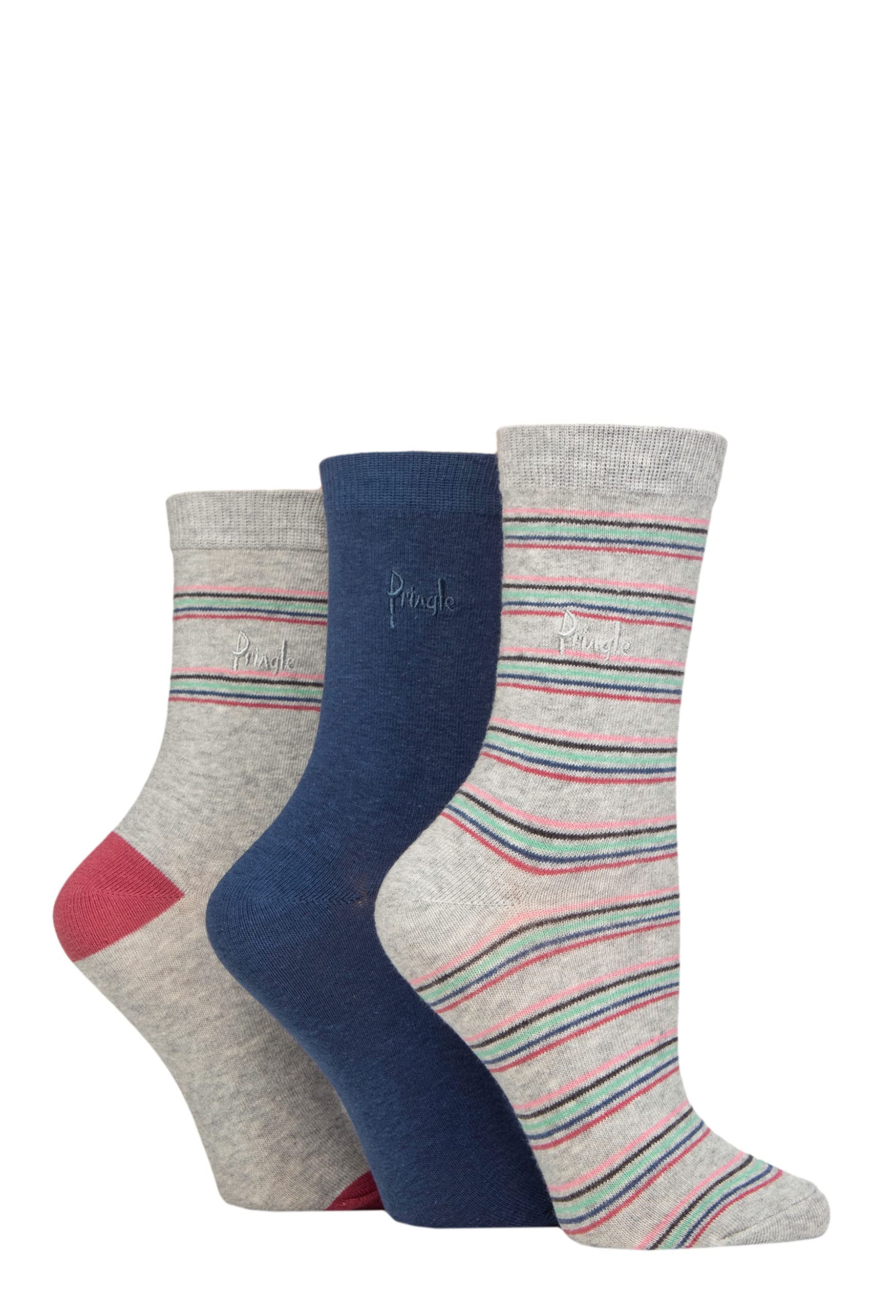 Pringle Ladies Patterned Cotton and Recycled Polyester Socks Pack of 3 Multi Colour Stripes Light Grey 4-8