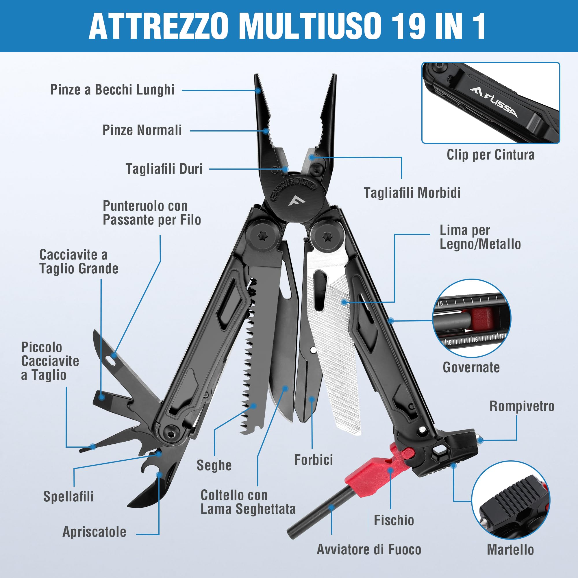 FLISSA Pinza Multiuso 19 In 1, Strumento Multiuso,Ottimo Regalo, Accessori Per Campeggio, Riparazione, Escursionismo,Include Borsa Portatile, Nero