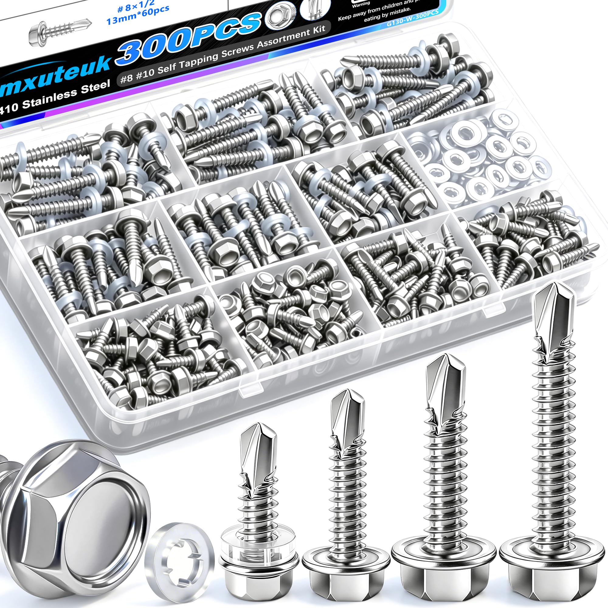 mxuteuk 230PCS #8 Self Tapping Screws for Metal,410 Stainless Steel Self Drilling Screws,1/2",5/8",3/4",1",1-1/4" Truss Head Sheet Metal Screws with Rubber Washers for Metal,Plastic,Wood(115pcs Sets) — Amazon image 7