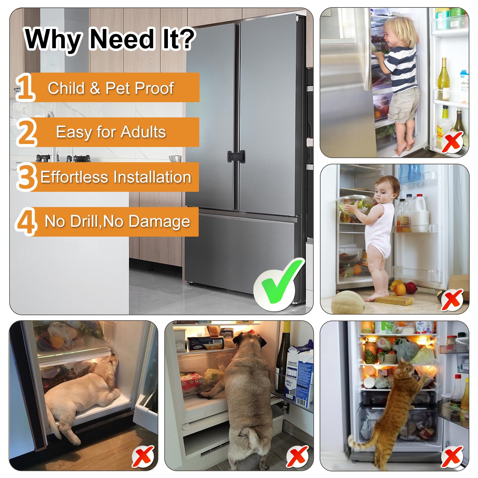 Cerraduras de nevera para niños, cerradura de refrigerador a prueba de niños, cerradura de puerta de nevera francesa de seguridad para bebés, cerraduras de gabinete a prueba de niños con adhesivo 3M,