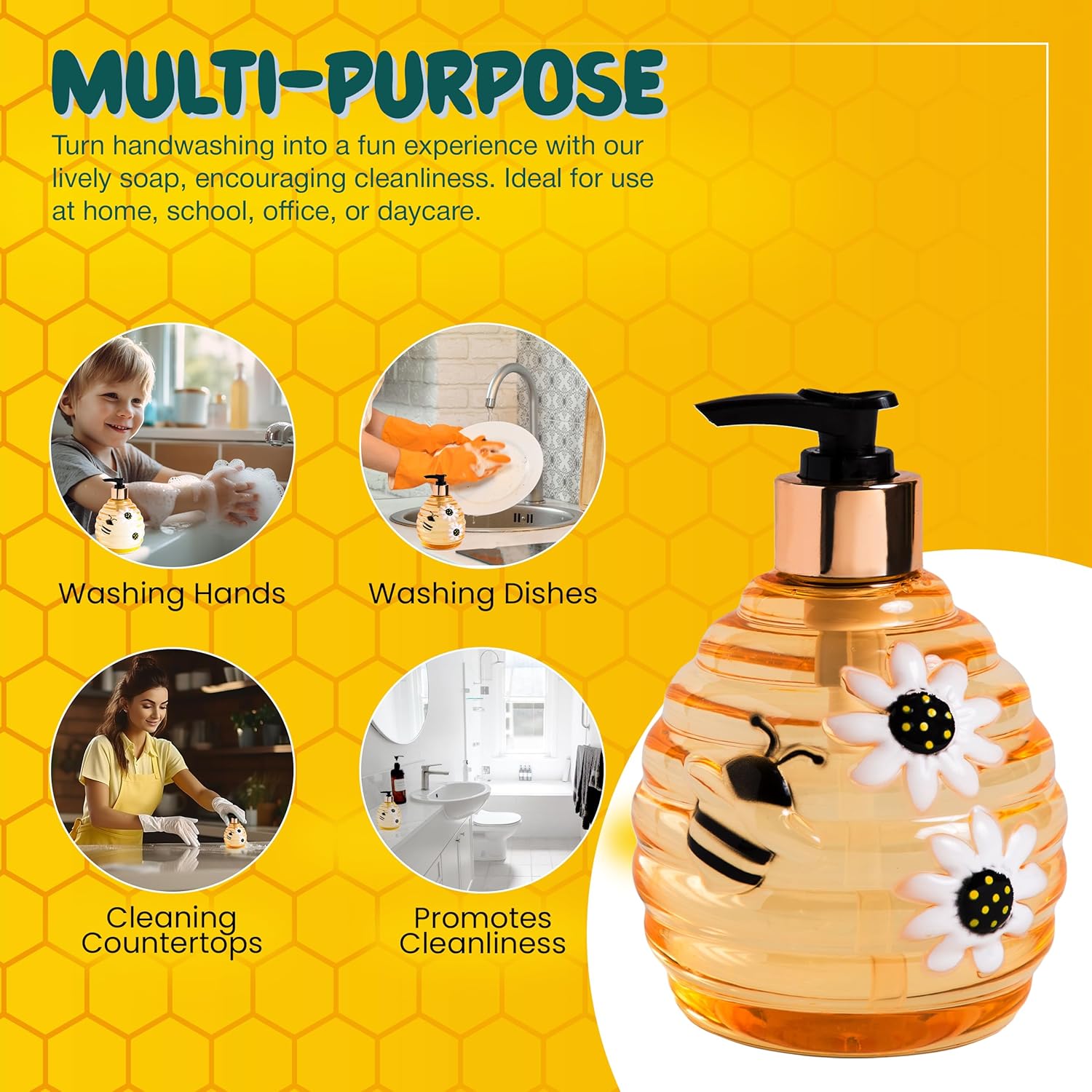 SIMPLE PLEASURES Beehive Honey Lemon Hand Soap Dispenser, Bee Decor, 16.9oz