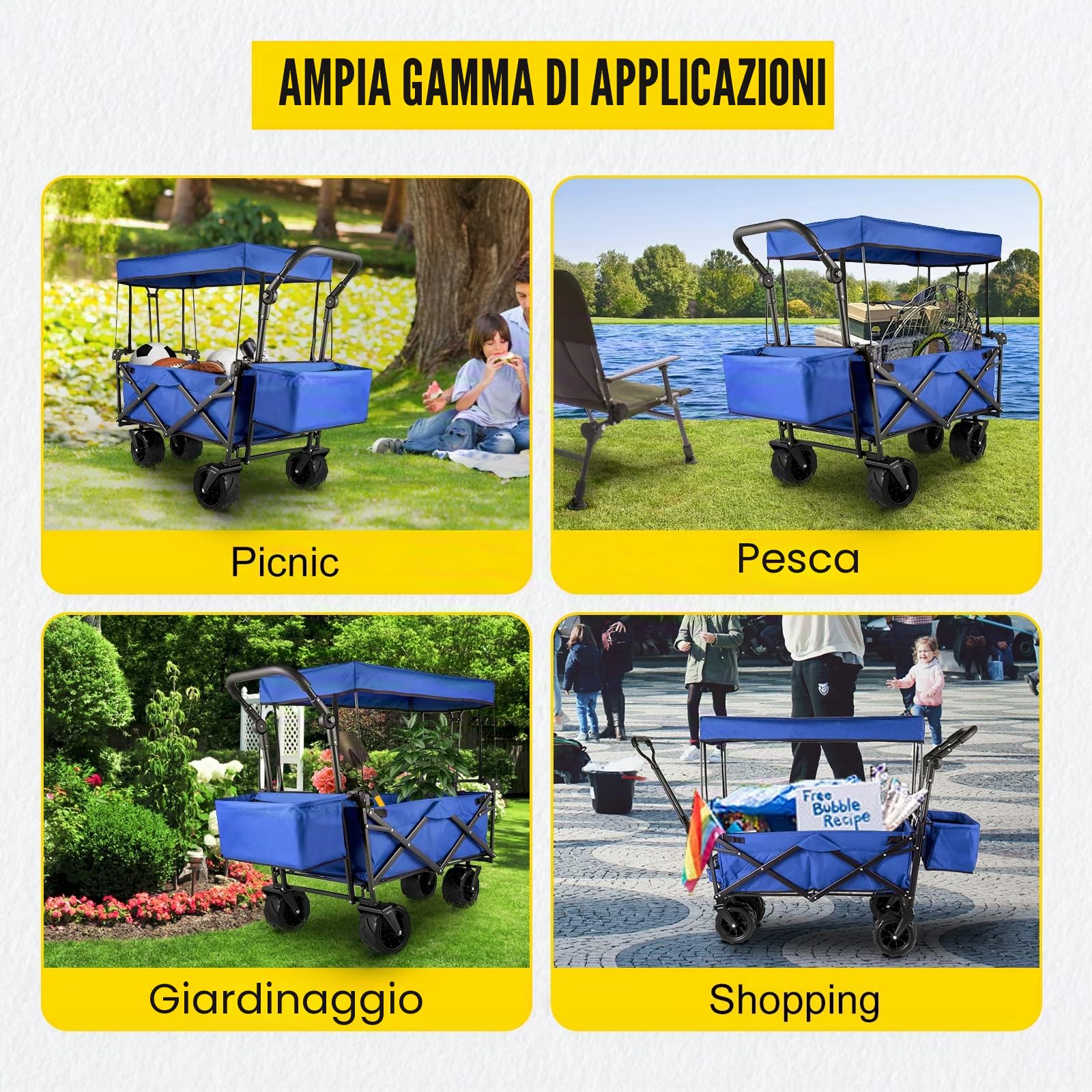 VEVOR Carrello Pieghevole Blu Impermeabile con Tetto da 98,7x54,3x98,5 cm, Carello Portatile con Baldachino Pieghevole capacità 100 kg, Rimorchio per la Spesa Adatto per Traslocchi, Campeggi e Viaggi