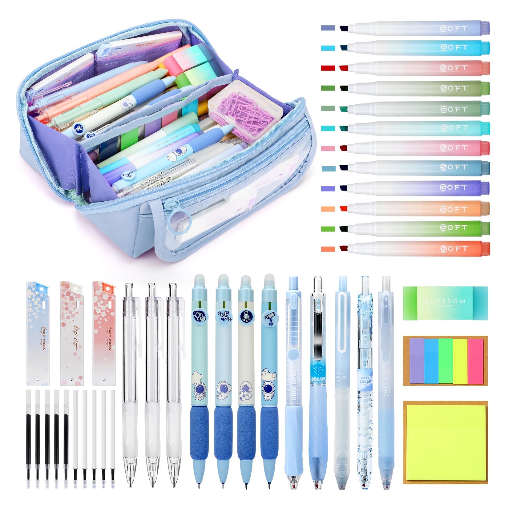 OPPZZIT Bolígrafos de Gel Borrable, Set de 63 Material Escolar Estético con 5 Bolígrafos de Gel, 12 Subrayadores Pastel, 6 Portaminas, 1 Estuche Azul, Papelería Bonita & Regalos Cumpleaños