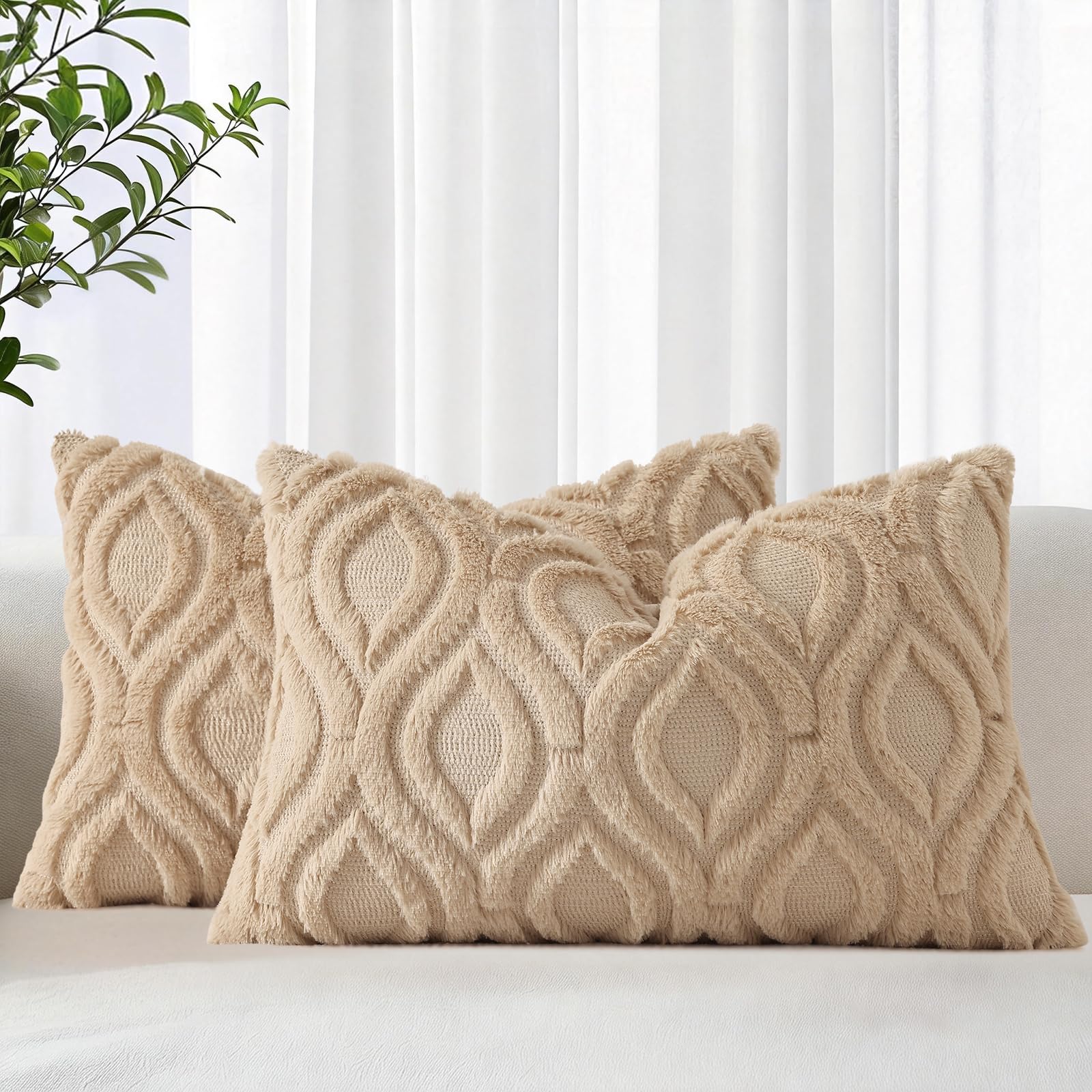 decorUhome Faux Fur Soft Light Khaki Throw Pillow Covers 12x20 Set of 2