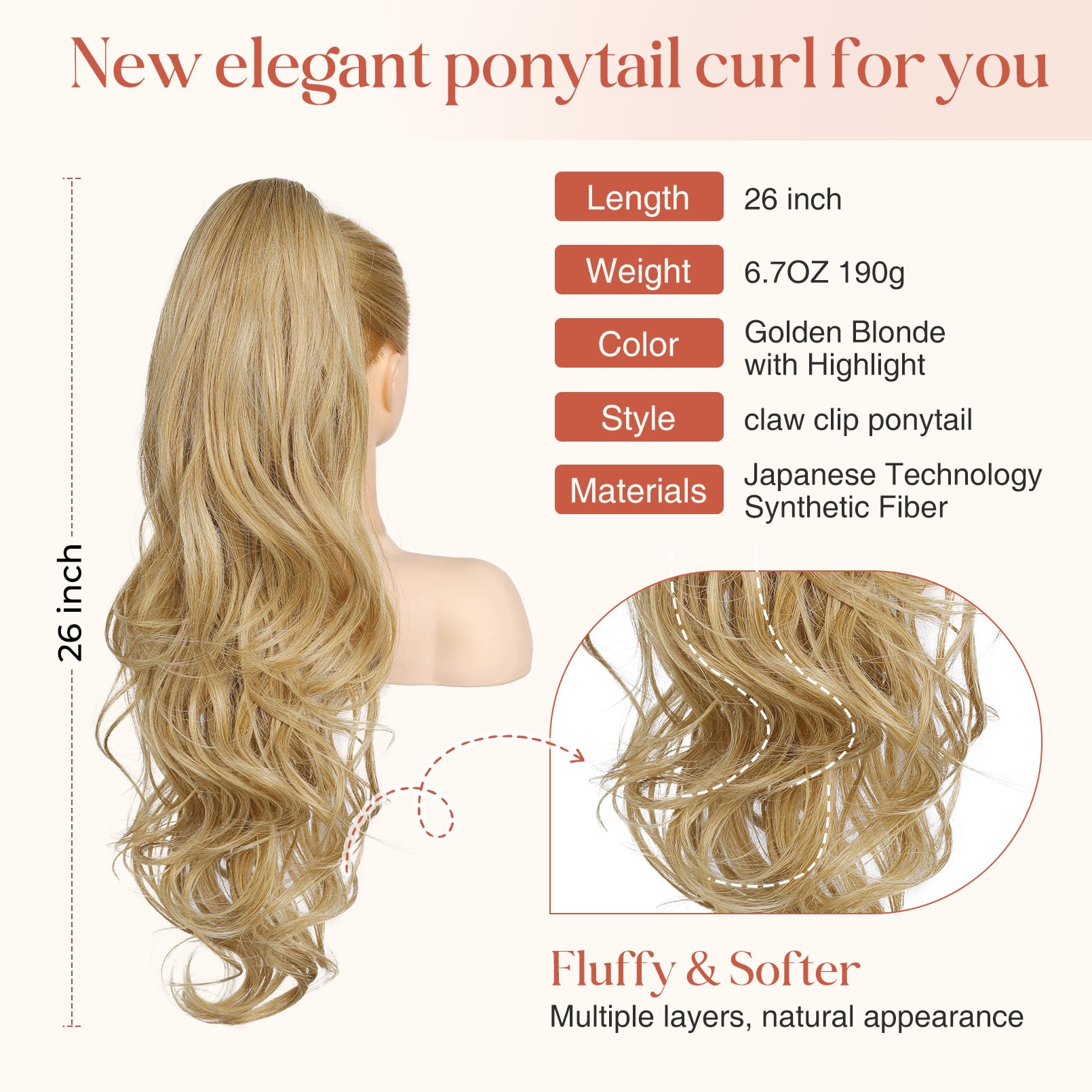 Flufymooz 26" Ponytail Extension, Long Wavy Curly Claw Clip in Ponytail Hair Extensions - Image 2