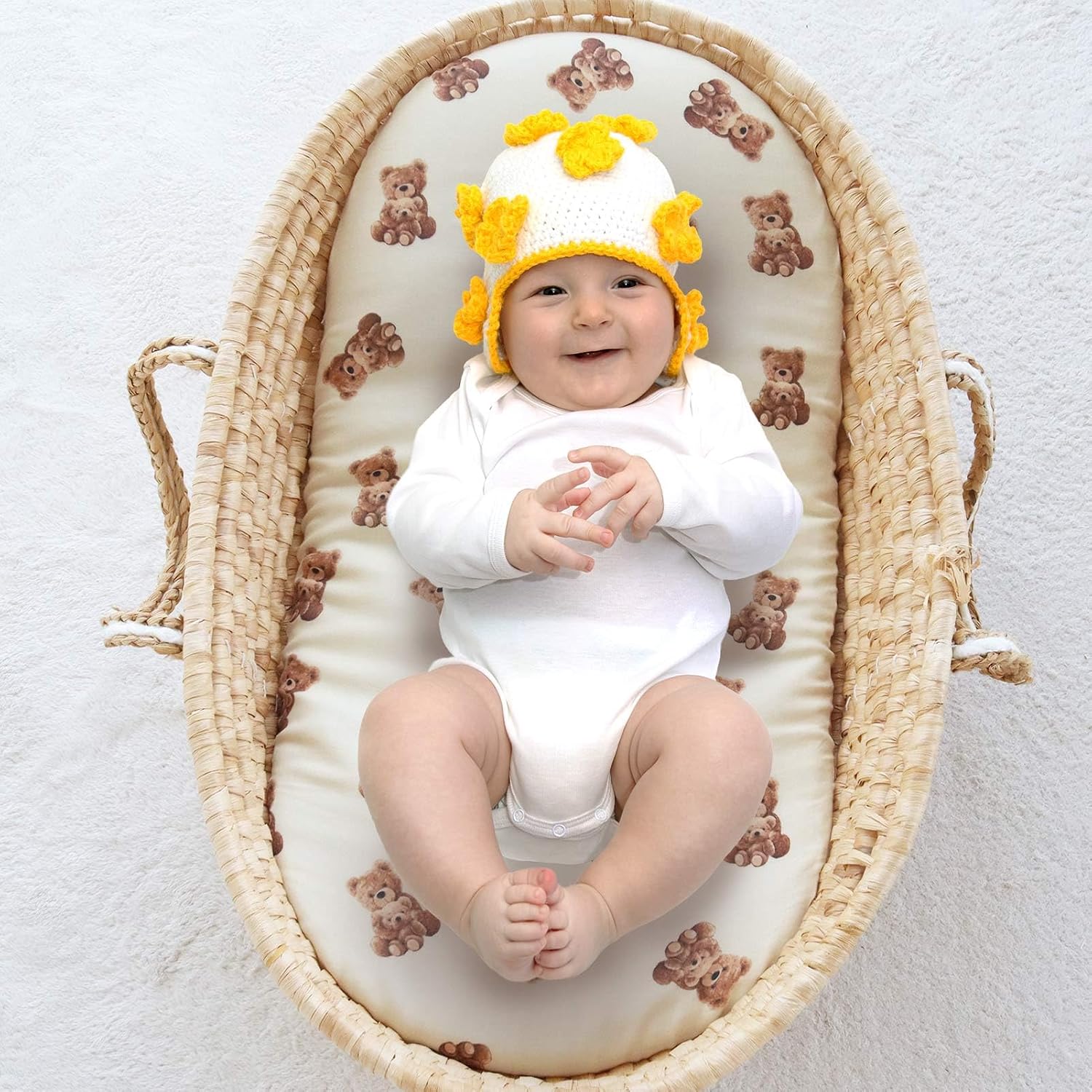 LifeTree Muslin Bassinet Sheets Unisex, Soft Breathable Fitted Baby Bassinet Sheets, 1 Pack for Standard Bassinet for Baby Boys Girls, 70% Viscose from Bamboo + 30% Cotton, Bear Pattern, 32" x 16"