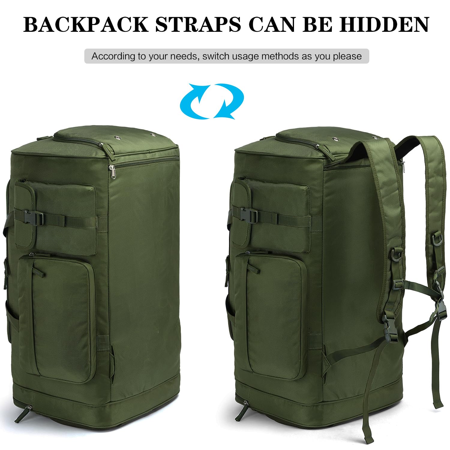 Mochila Deportiva para Hombre Mujer 70L Grande Pesada Mochilas de Viaje con Compartimento para Zapatos, verde, 61 x 34.3 x 33 cm