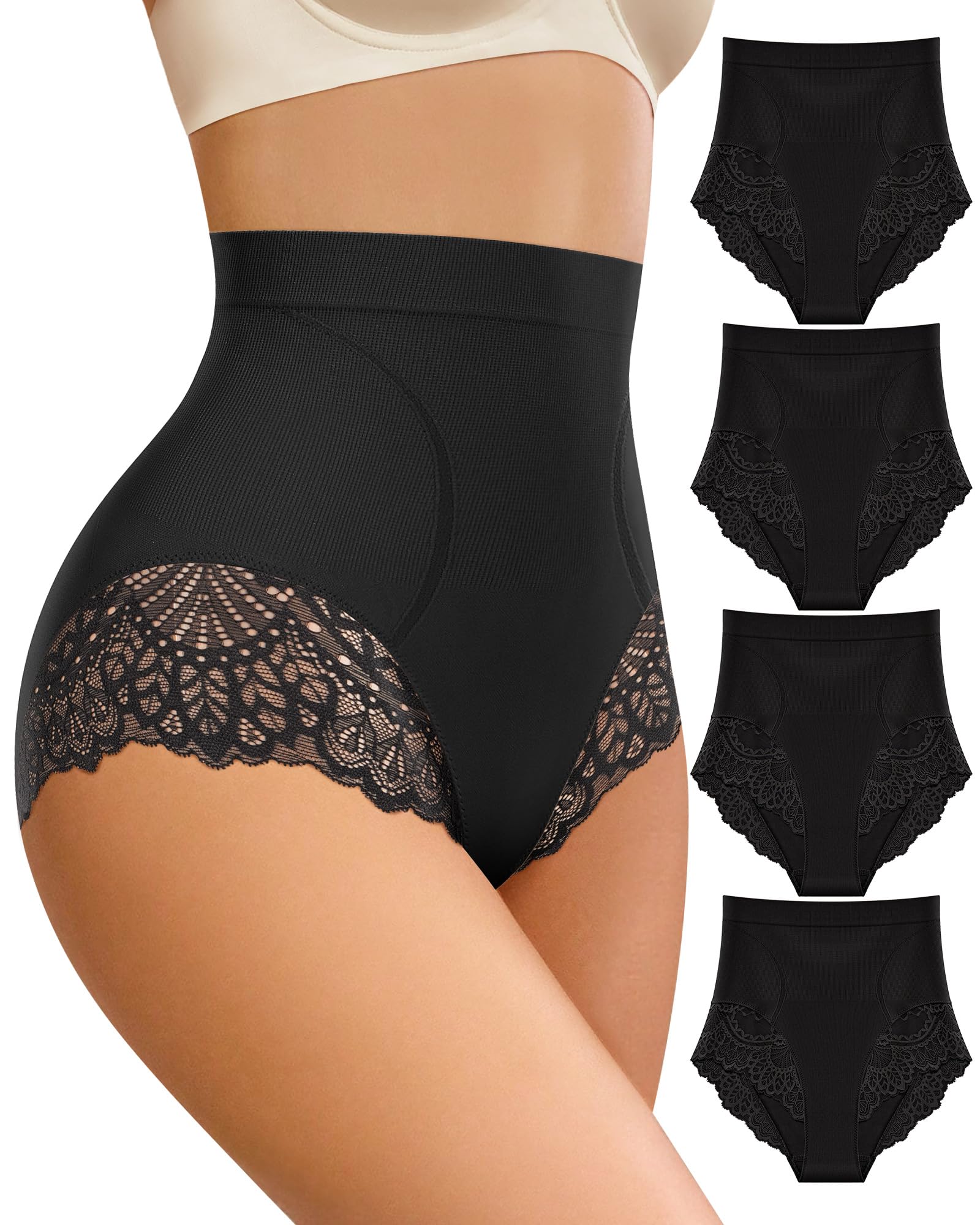 Womens Underwear High Waisted Light Tummy Control Lace Ladies Panties Full Coverage High-Cut Nylon 4 Pack S-XXL