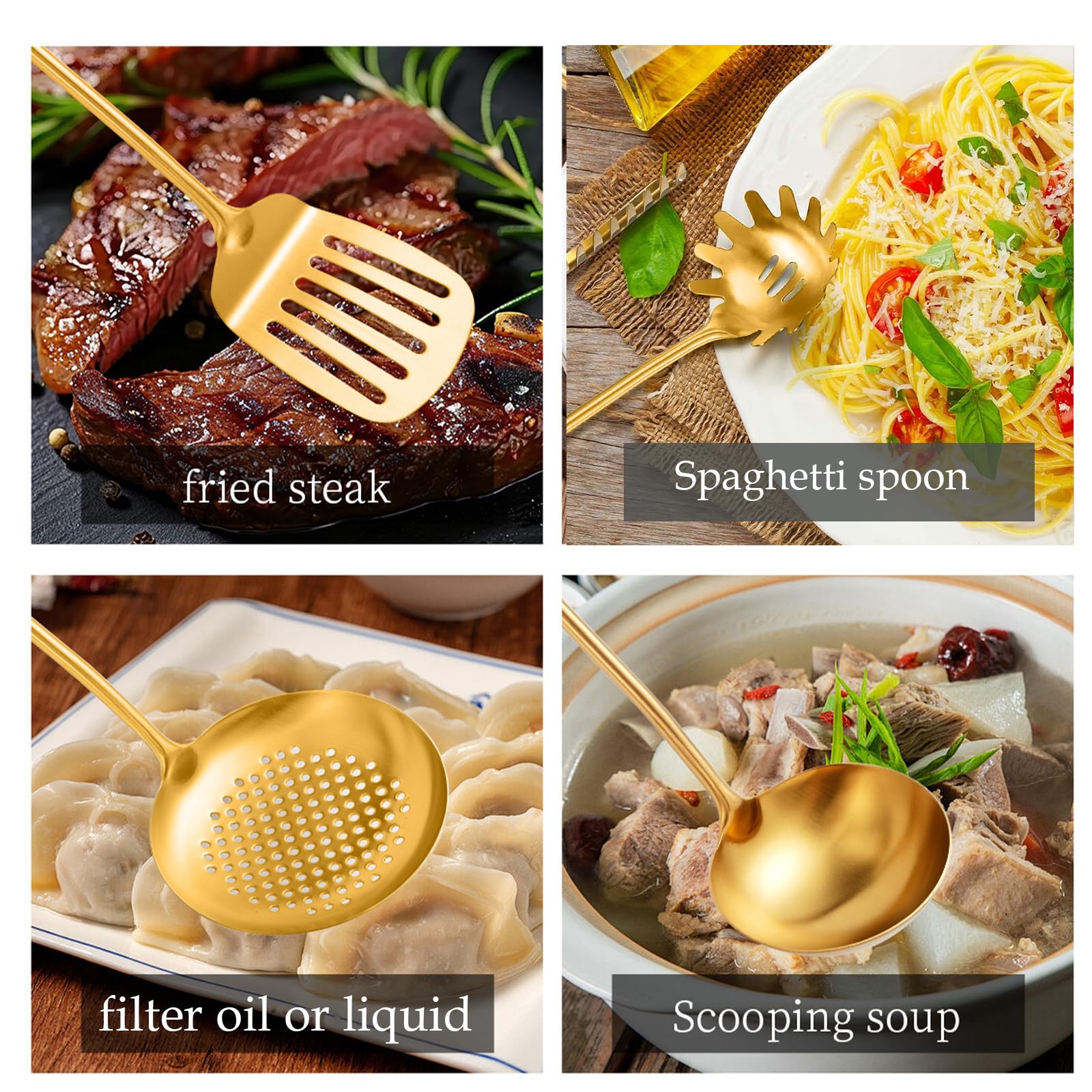 Set di utensili da cucina in acciaio inox, 10 pezzi, utensili da cucina dorati, schiacciapatate cucchiaio solido scanalato cucchiaio forchetta spatola mestolo schiumarola spatola scanalata Tunner