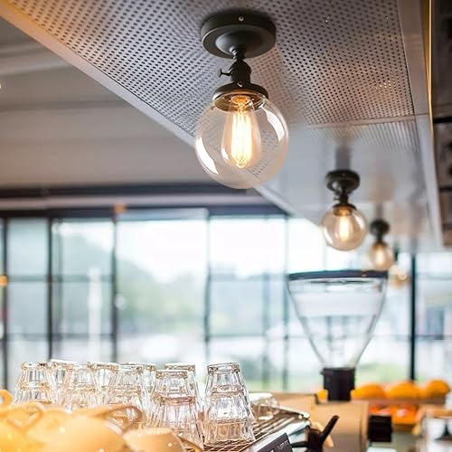 Miniatura 2 de Pathson lámpara de techo estilo industrial antiguo de 5.9 pulgadas con panel de montaje con bola de cristal transparente, negro, 60.00watts, 120.00