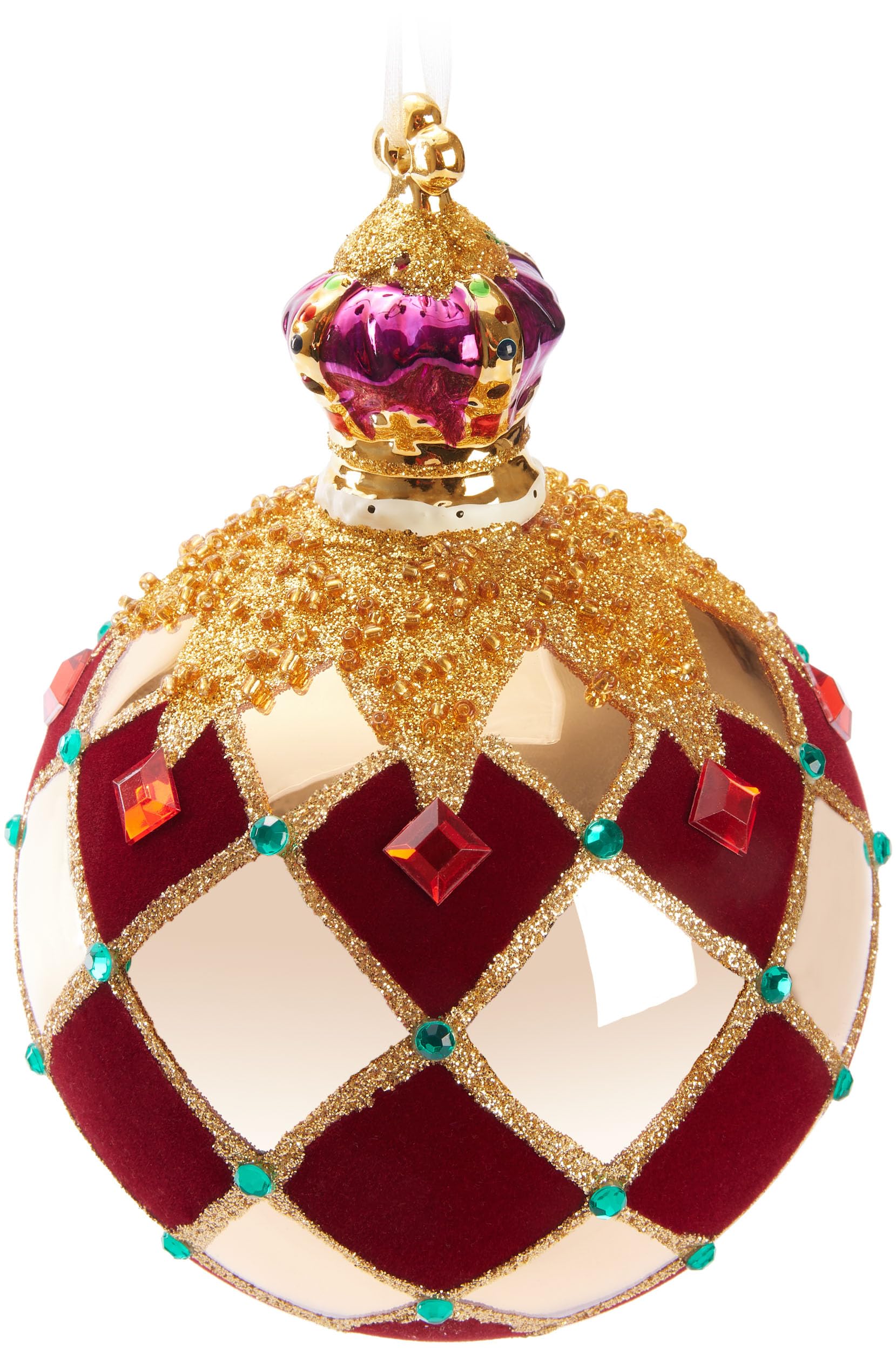 BRUBAKER Premium Weihnachtskugel Royal King - Königliche Baumkugel Gold Rot - Kariert mit Samt, Glitzer und Krone - 14 cm große Baumkugel aus Glas mit Porzellan Figur