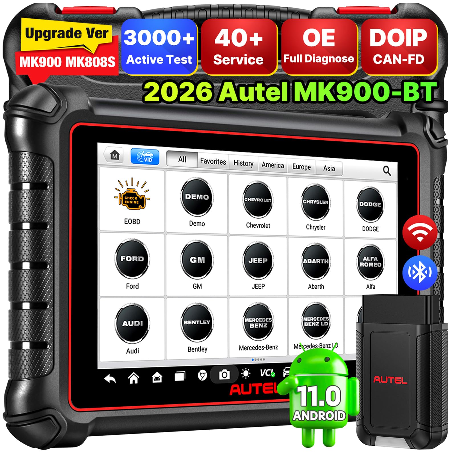 Autel Scanner MaxiCOM MK900BT, 2026 MK900-BT V2.0 Bidirectional Diagnostic Tool, 8in Up of MK900 MX900 MK808S MK808BT MX808S MK808Z, 3000+ Active Tests, 40+ Service, CAN-FD&DOIP, All System, FCA 11 OS