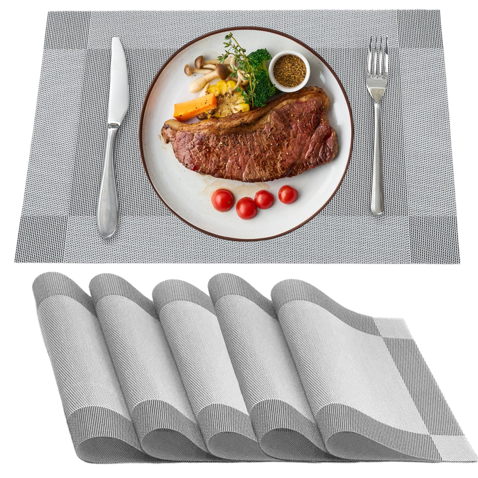 5 Pcs Table Placemats, Table Mats 30x45cm Silver Placemats Easy to Clean Placemat Washable Table Placemat for Family Dining or Holiday Gatherings