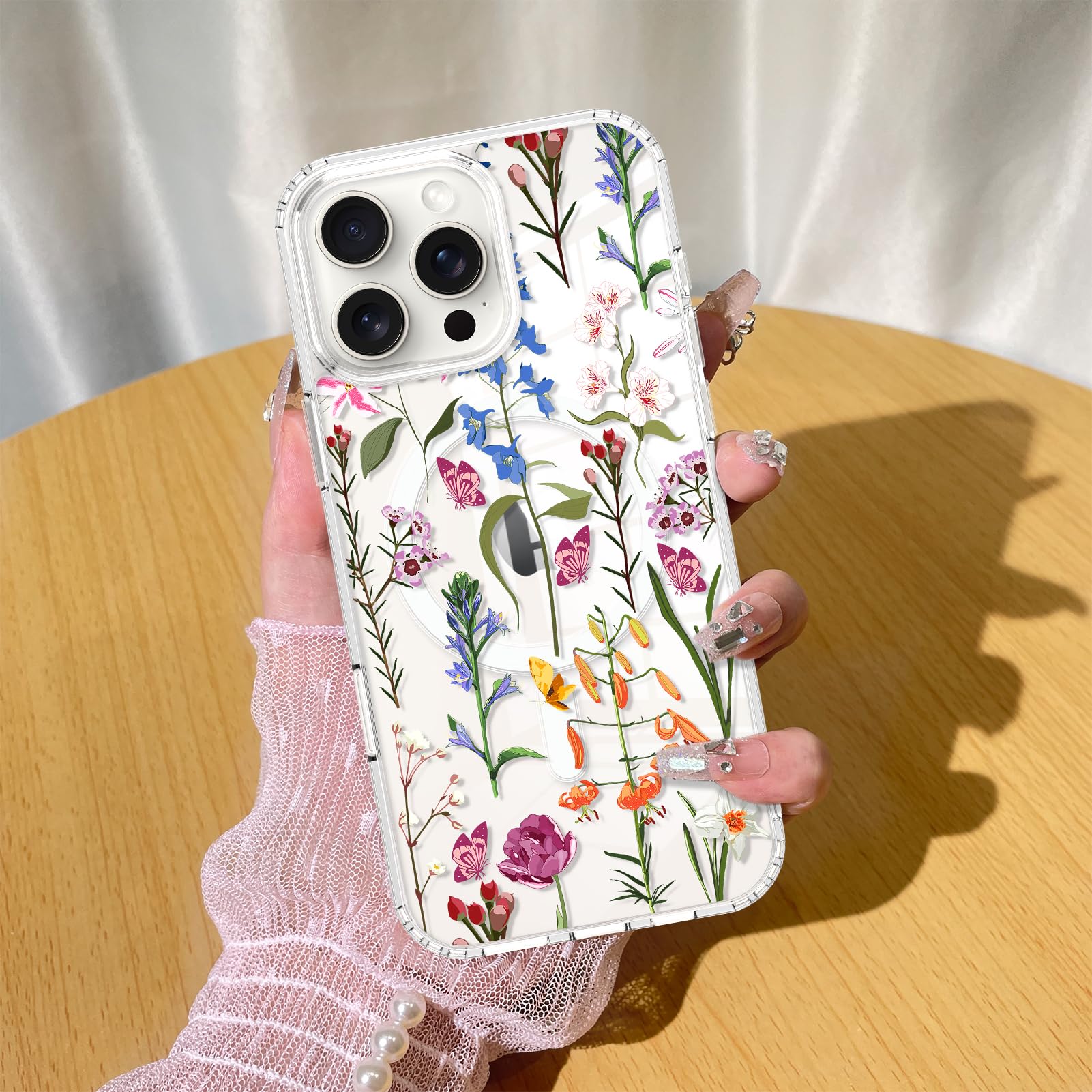 KANGHAR Magnetic Made for iPhone 16 Pro Max Case Clear Compatible with MagSafe Flowers Floral Pattern Soft TPU Bumper Shockproof Anti-Scratch Phone