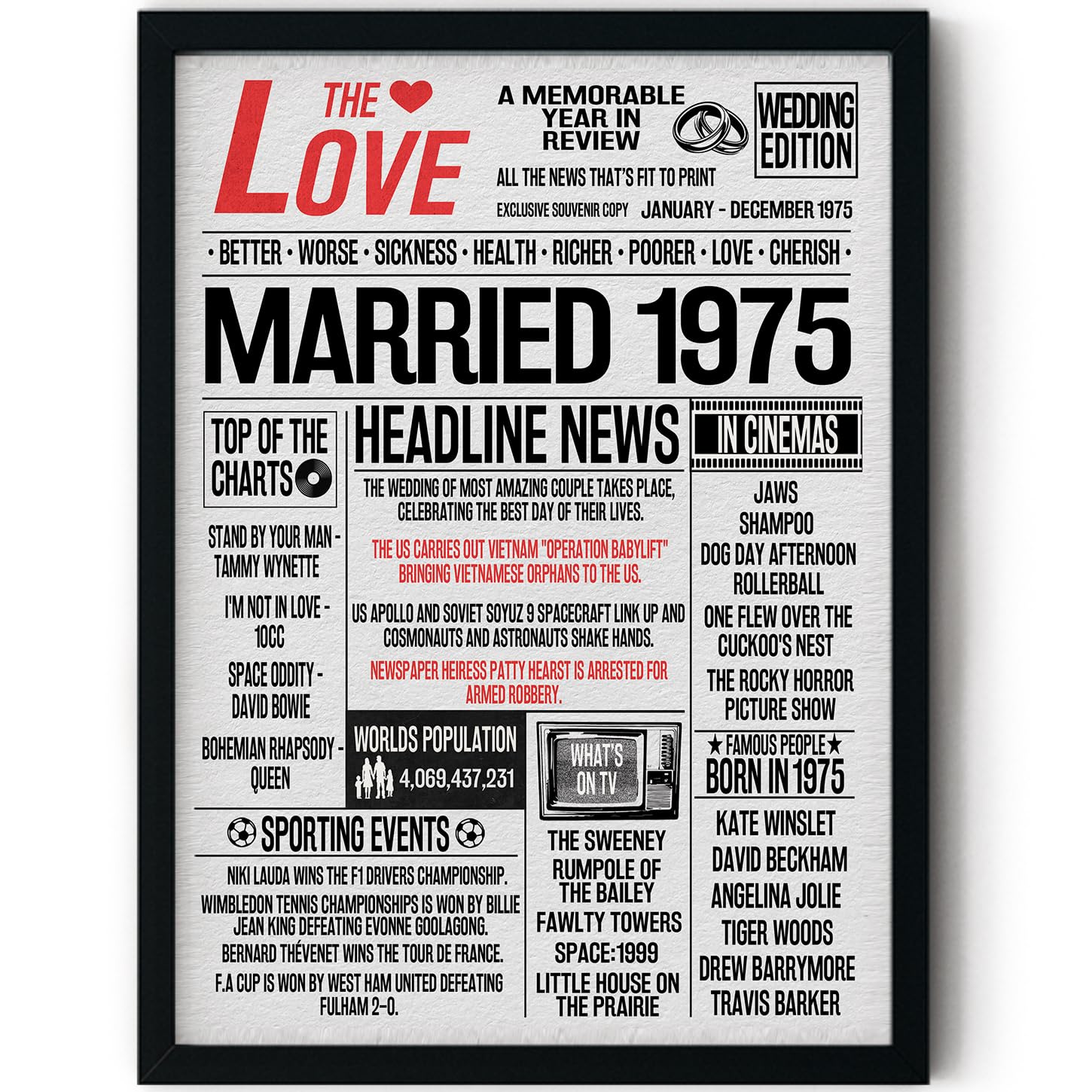 Stuff4 Men's 1975 51St Anniversary Poster Framed - Married In Newspaper - Happy 51St Wedding Anniversary For Wo Vintage Gifts Retro Back In 8X10 Inch Anniversaries Posters