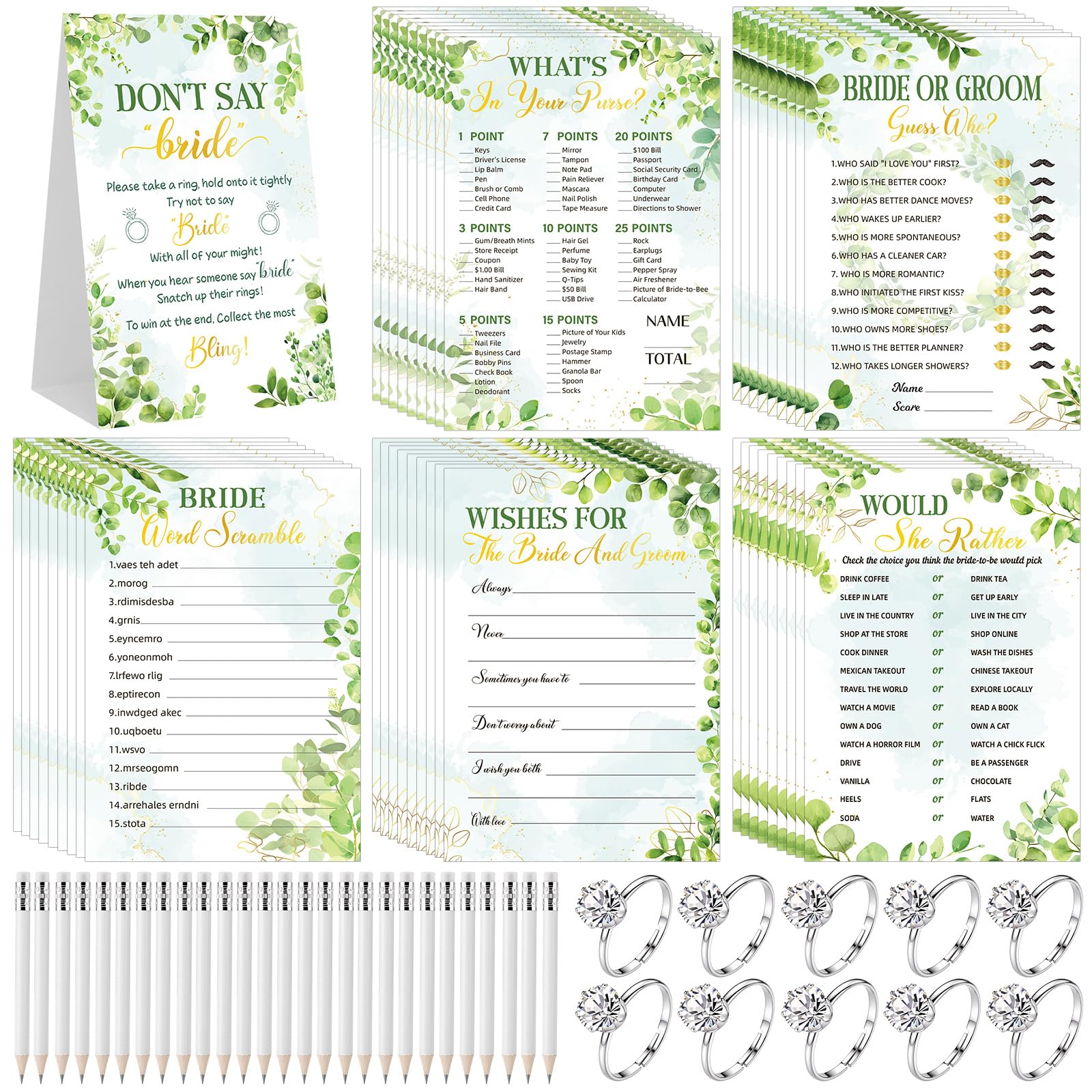 50PCS Hen Party Games 6-in-1 Bridal Shower Games Cards with Rings Pencils Don't Say Bride, What's in Your Purse, for Hen Do Celebrations Activities Wedding Guest Bonding Wedding Shower Games