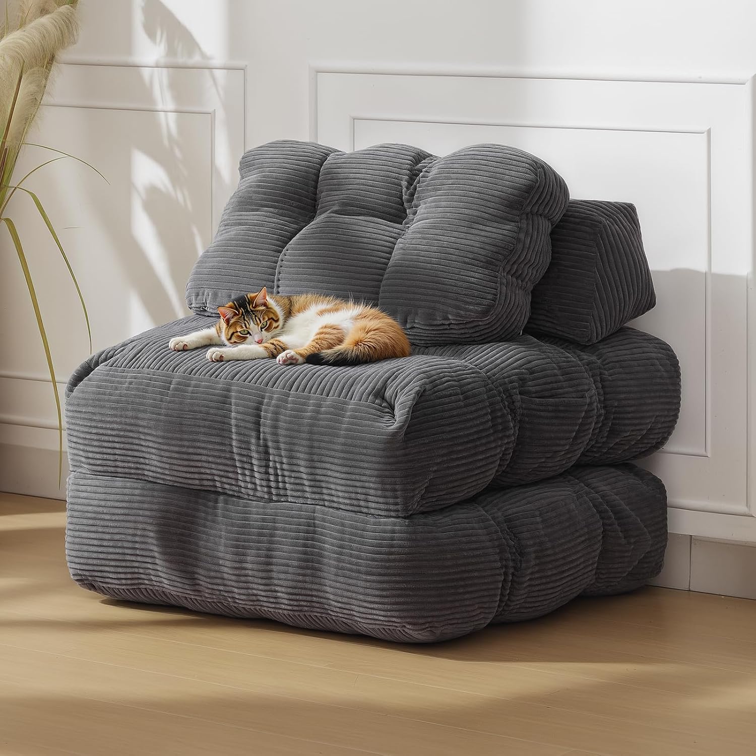 Garvee 3-in-1 Folding Convertible Sofa Bed with Pillow Foldable Matress with Back Support, Comfy Portable Sleeper Chair Floor Sofa Lounge for Living Room Bedroom, No Assemble Required, Grey Single