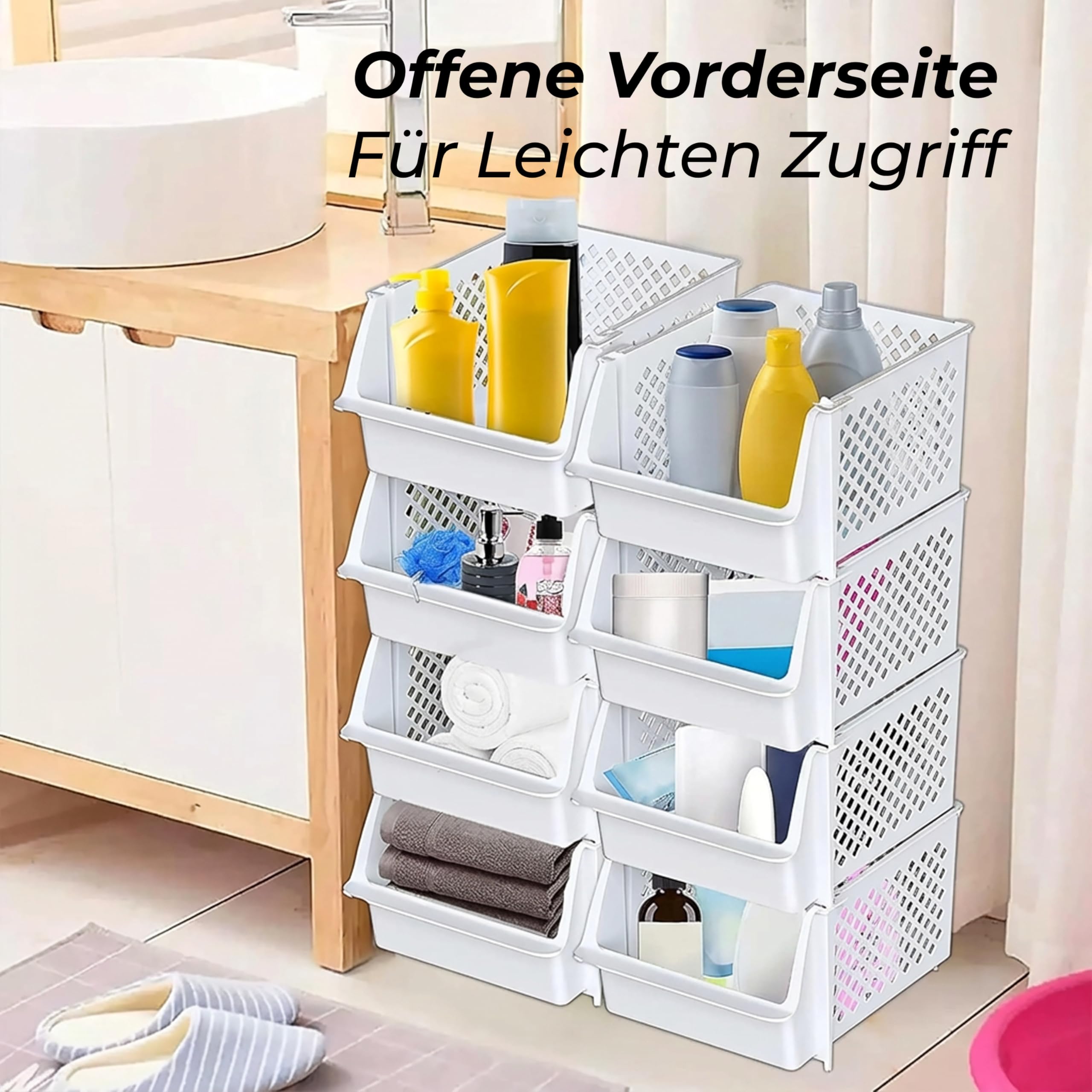 Skywin TidyFriend Stapelbare Aufbewahrungsboxen 4er-Set – Offene Front Organizer für Küche & Vorratskammer – Kunststoff-Körbe für Garage & Spielzeug