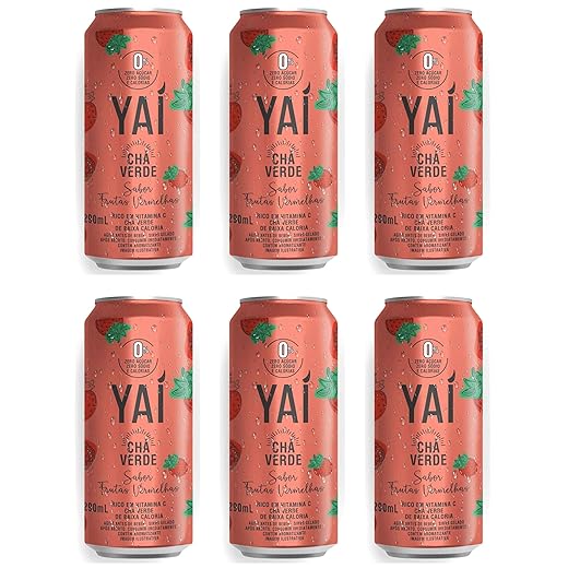YAI Chá Verde Sabor Frutas Vermelhas Zero Açúcar, Lata 290ml, Kit com 6 Unidades