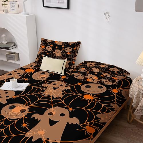Miniatura 4 de Sábanas de Halloween tamaño California King, sábanas espeluznantes de fantasmas para niños y niñas, juego de sábanas de tela de araña, microfibra