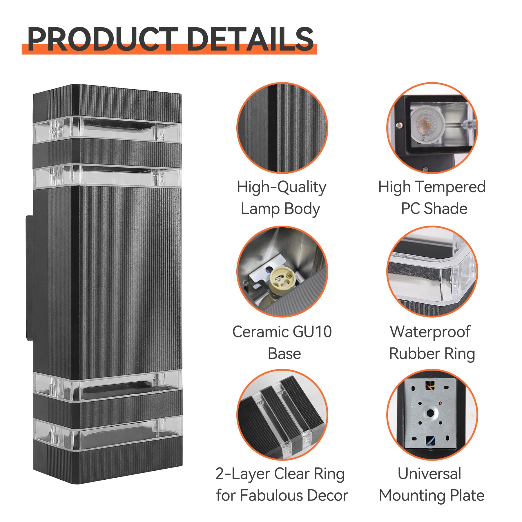 YICALE Outdoor Wall Lights Mains Powered,Up Down Lights Outdoor IP65 Waterproof Outside Wall Lights,Black LED Front Door Light Square Aluminium External Light Wall Mounted for House,Garden,2*GU10 - Image 2