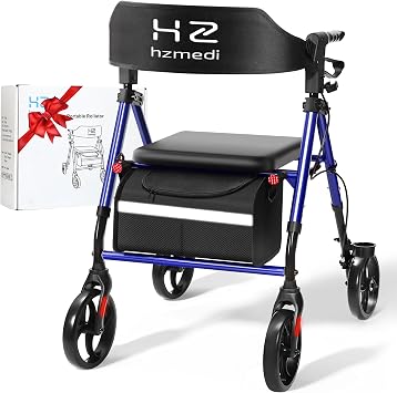 Rollator Walker with Seat, Foldable Rollator Walkers with Seat, Lightweight Walker with Wheels, Adjustable Handles and Seat Height, 8" Big Wheels for All Terrain, 300lb Weight Capacity