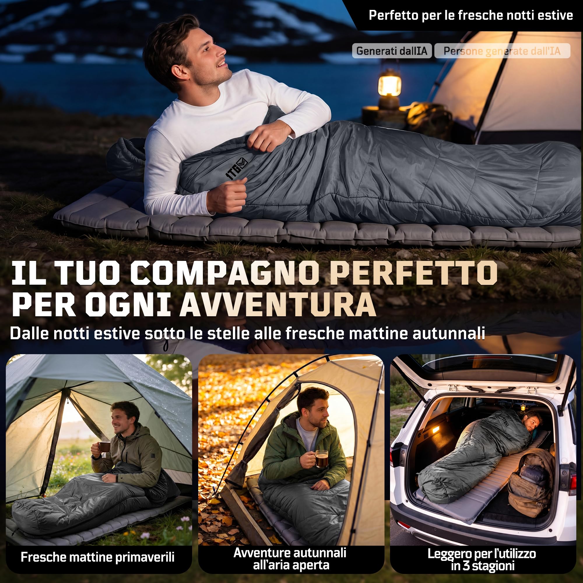 Sacco a pelo a mummia per 2-3 stagioni (comfort 6 °C), traspirante, per adulti fino a 185 cm, compatto nylon ripstop 40D con sacco a compressione per campeggio, escursioni e festival