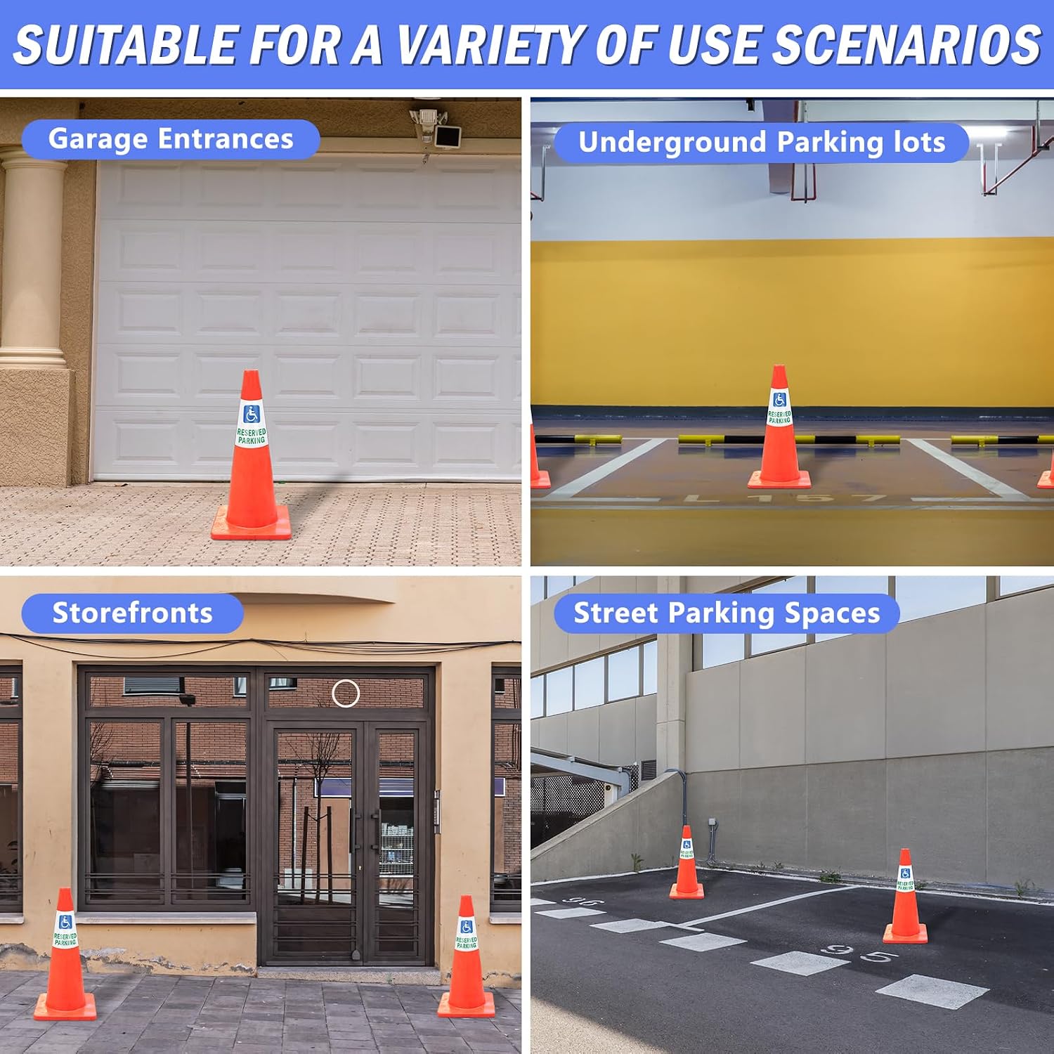 4 Pack “Reserved Parking” Reflective Cone Message Sleeve Collar with Handicapped Symbol, 360° High Visibility Cone Topper for Traffic Safety Signs, Non-Adhesive, Suitable for Parking Lot & Roadside