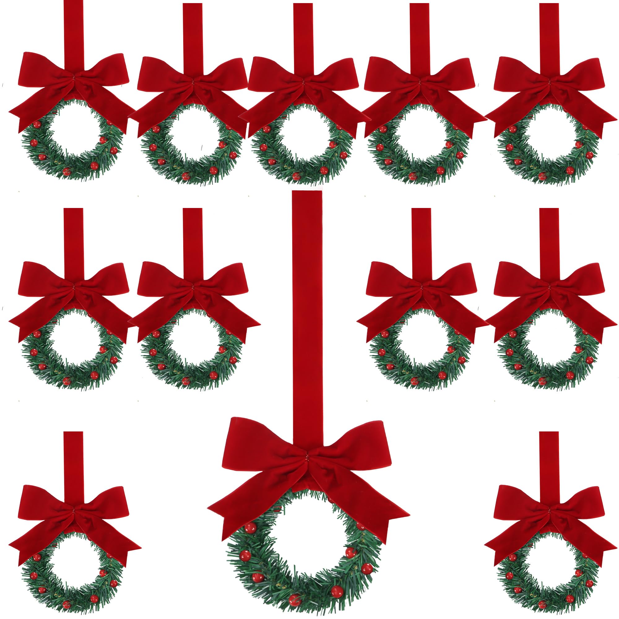Sggvecsy 12 Pcs 8’’ Christmas Mini Cabinet Wreaths with Ribbon Bows Red Berry Artificial Small Kitchen Wreath for Window Front Door Farmhouse Wall Xmas Decorations(Red Velvet)