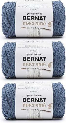 Bernat Hilo de mezclilla de macramé, paquete de 3 unidades de 8.8 onzas, fibra mezclada, #6 súper voluminoso, 44 yardas, tejido, ganchillo y