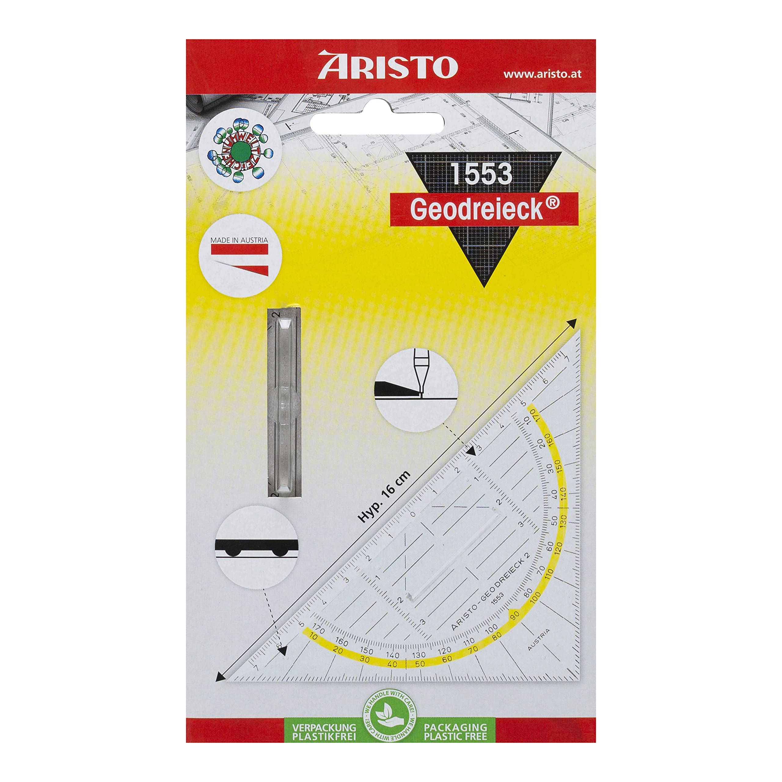Aristo AR1553 Geodreieck mit festem Griff (Hypotenuse 16 cm, Tuschenoppen, Facette an der Hypotenuse, Plexiglas mit Tiefenprägung, Made in Austria) transparent, 10 Stück