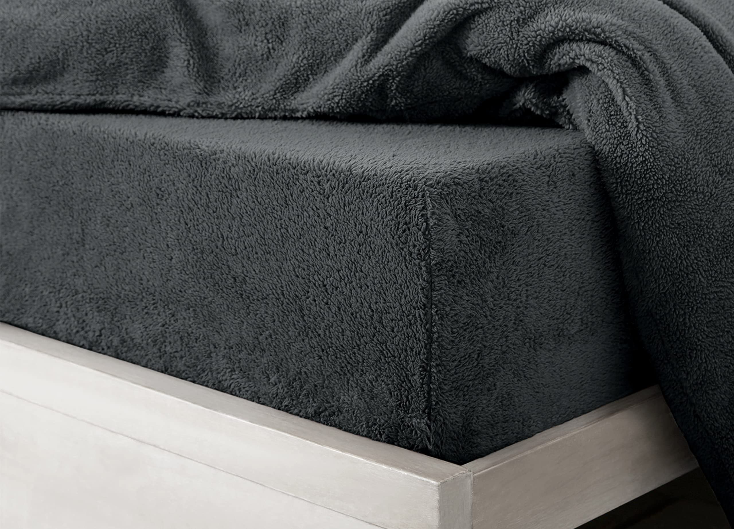 Teddy Cuddle Fleece Fitted Sheets Elasticated upto 30cm Deep Fluffy Warm & Soft Winter Essential Premium No Tear Bed Sheet (Charcoal Grey, Double)