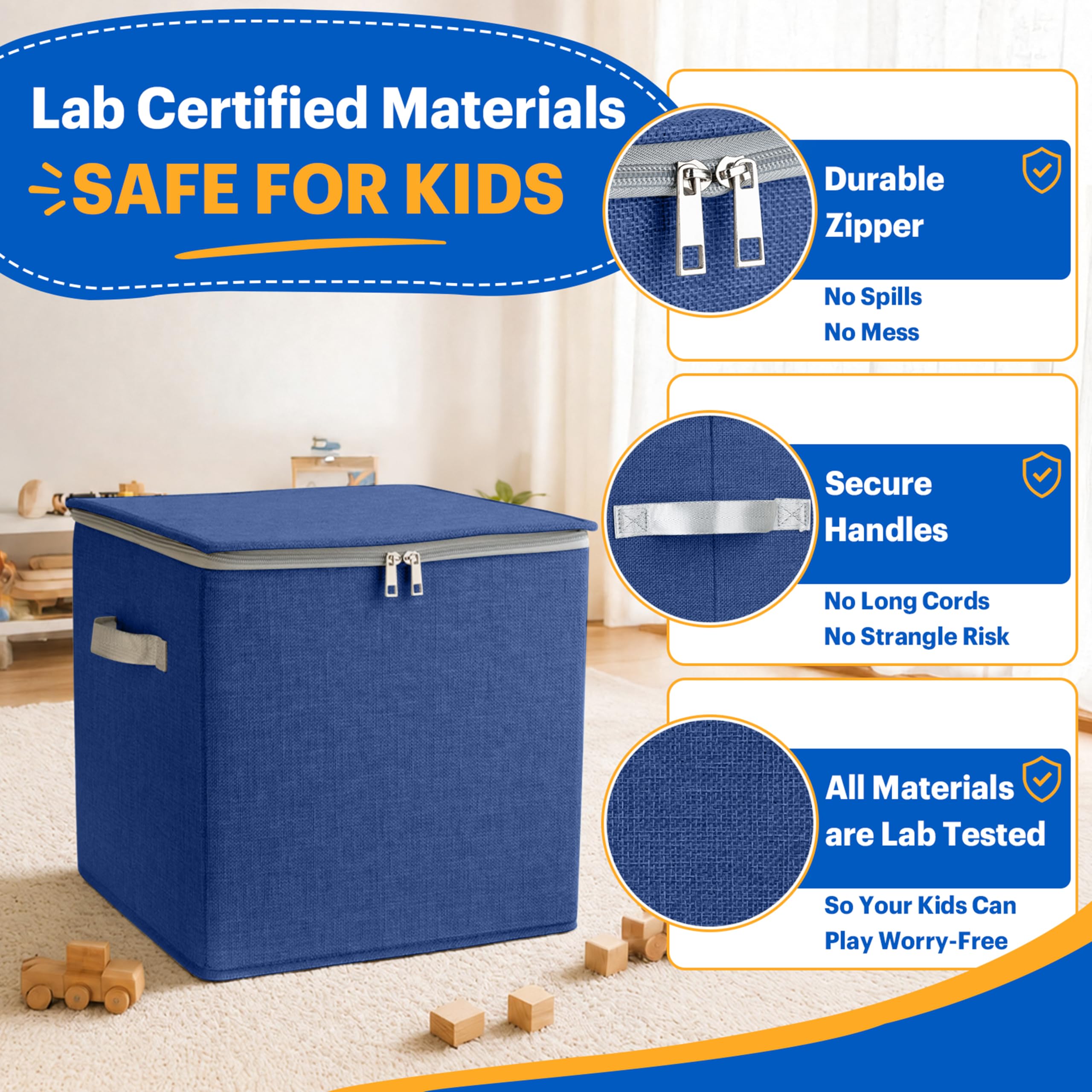 SAM AND MABEL Spielzeug-Aufbewahrungs-Organizer mit Spielmatte für Kinder, 33 x 33 x 33 cm, stapelbare und faltbare Körbe für Spielzimmer, Kindergarten für Jungen und Mädchen (Edelblau)