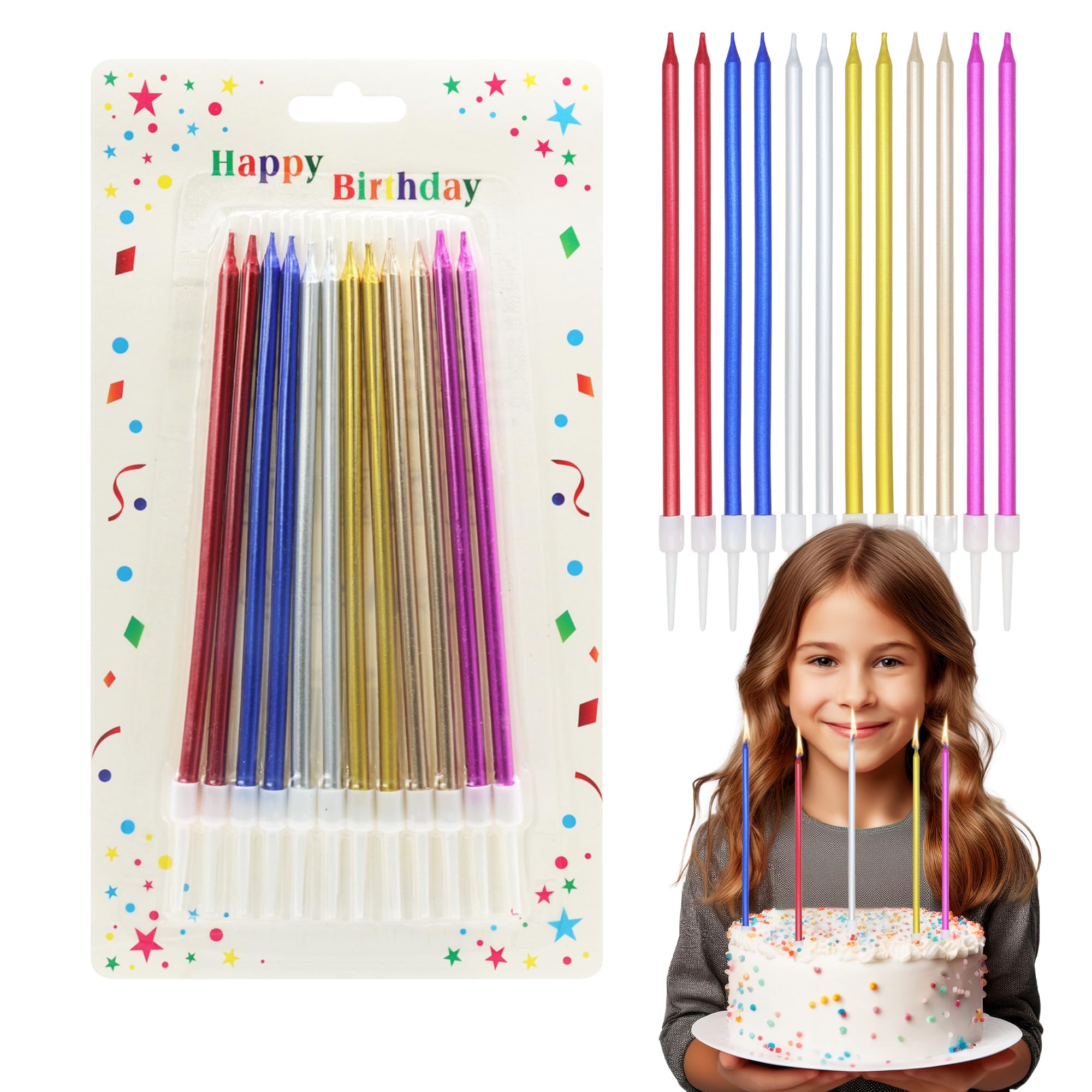 Expbroz Multicolour Birthday Candles For Cakes, Pack Of 12 Pieces Long Party Candles With Candle Holders For Wedding, Birthday, Party Decorations, Anniversary And Meetups