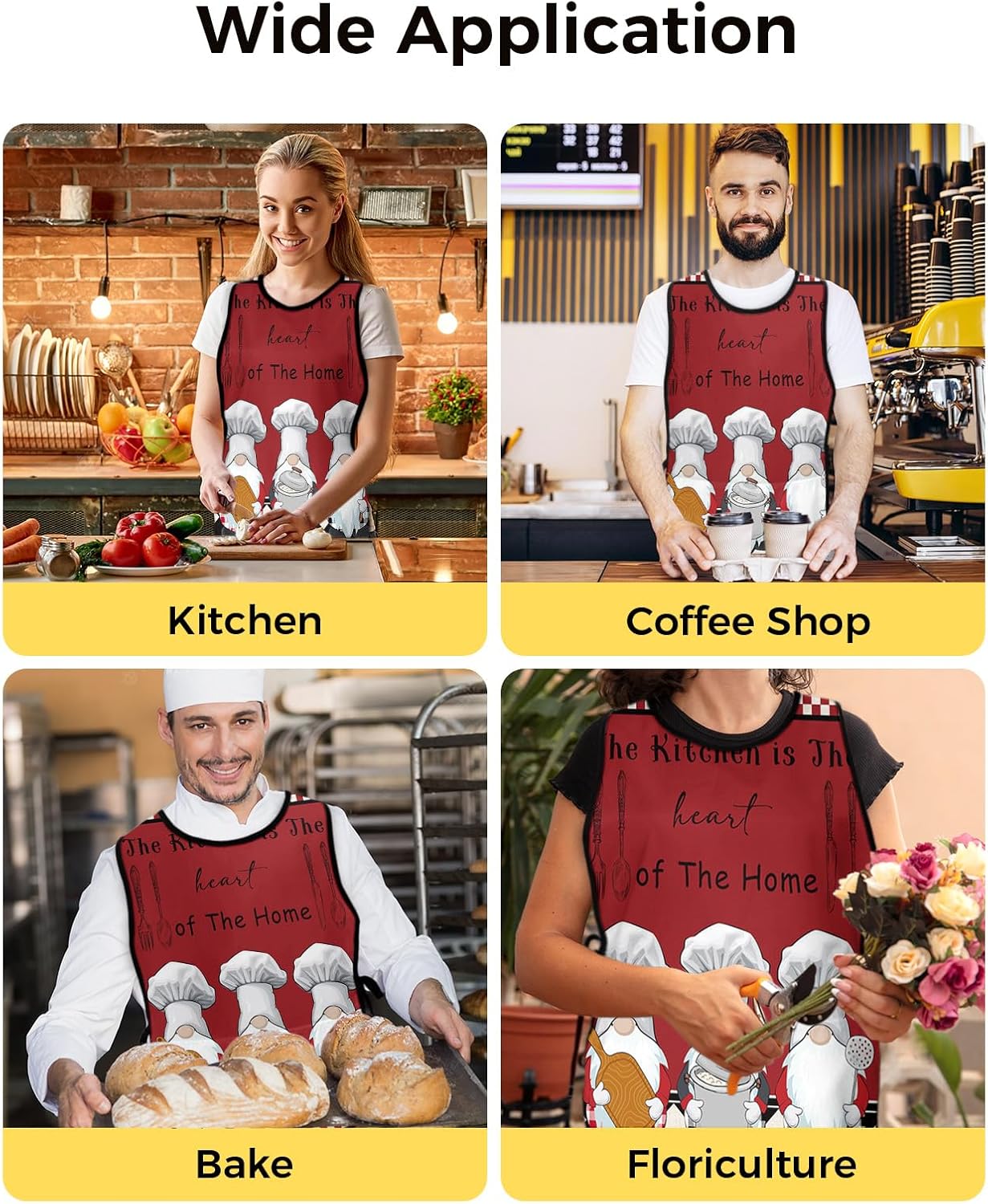 Checkered Plaid Red Black Cobbler Aprons with 2 Pockets for Women Men, Funny Cute Chef Gnomes Cooking